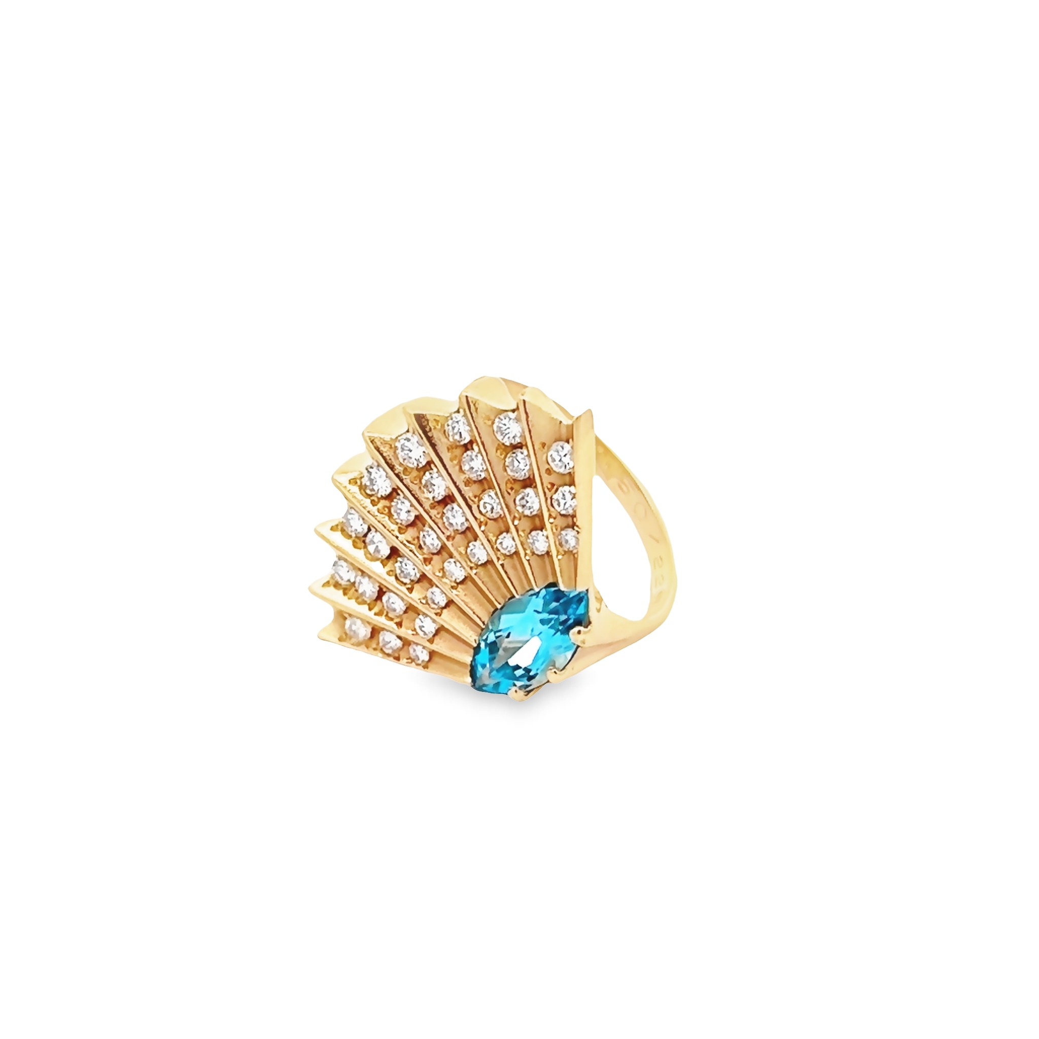 14 Karat yellow gold fashion ring with One Blue Topaz and 30=1.00 total weight round brilliant G VS Diamonds