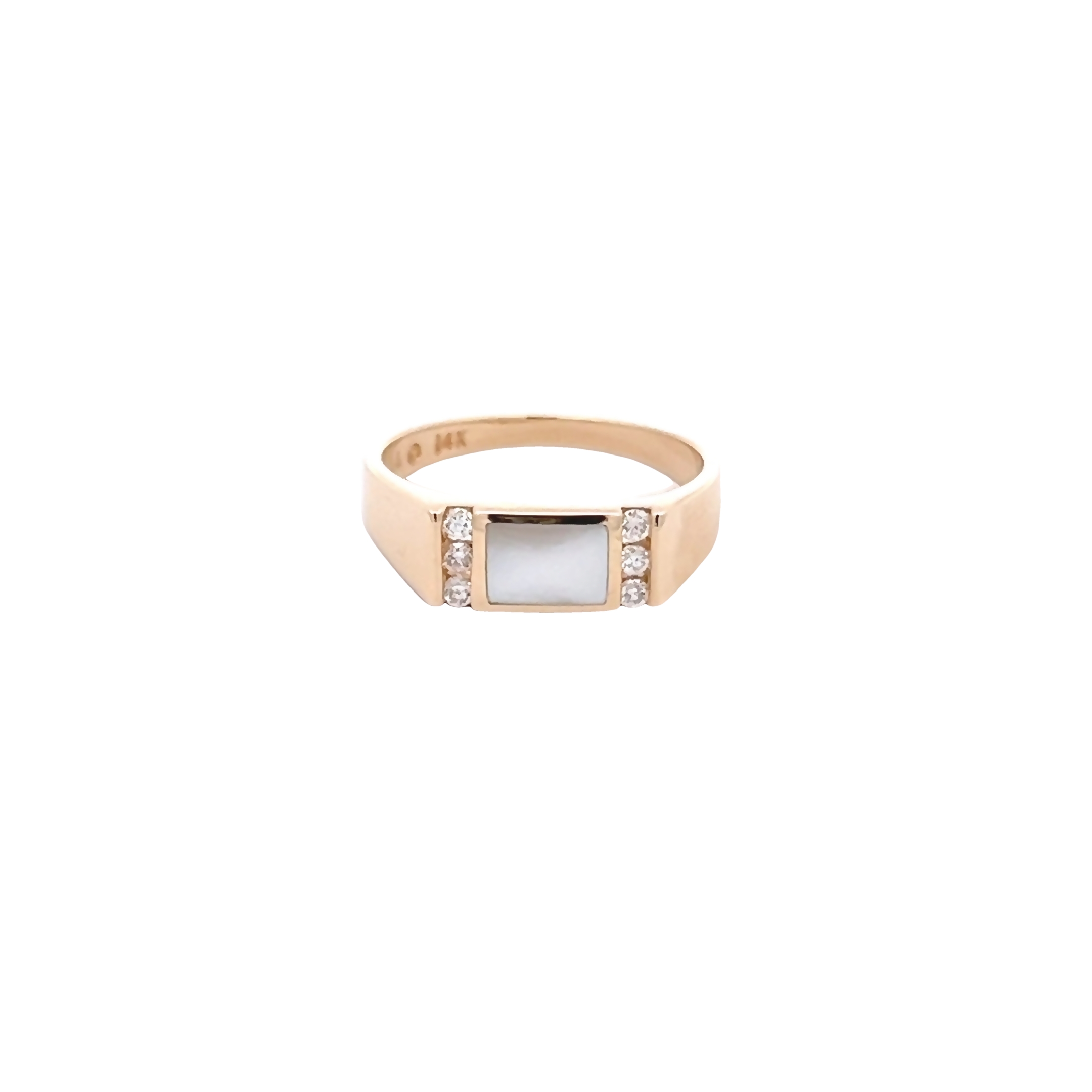 14 Karat yellow gold ring with 6=0.11 total weight round brilliant G Vs Diamonds and white Mother of Pearl inlay. Size 7