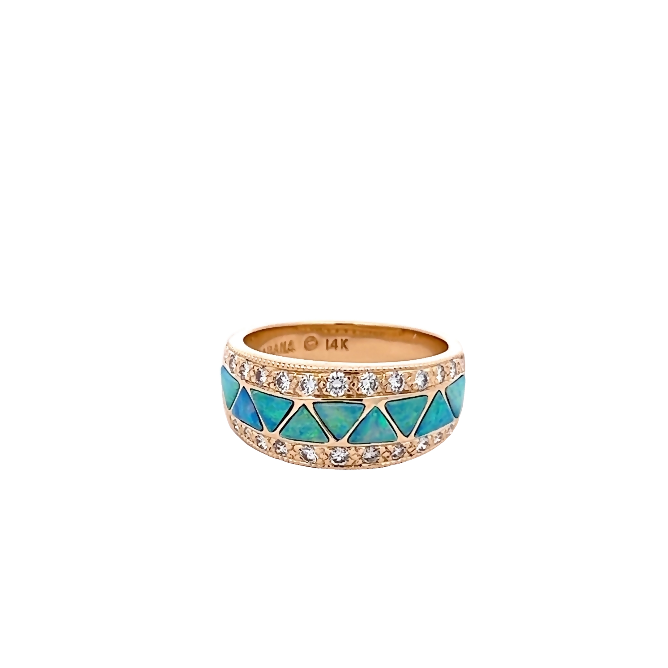 14 Karat yellow gold ring with 24=0.60 total weight round brilliant G VS Diamonds and Australian Opal inlay. Size 8