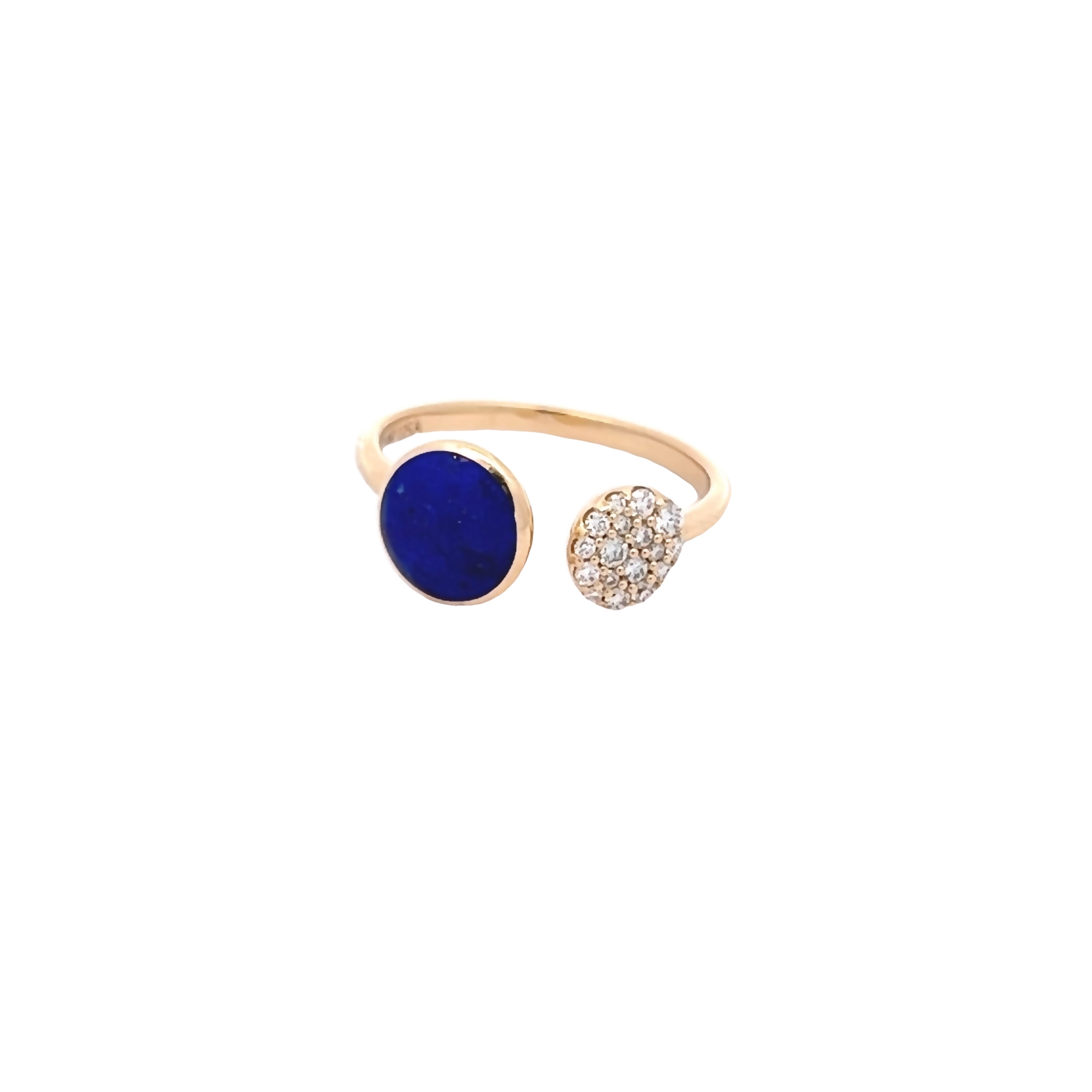 14 Karat yellow gold ring with 17=0.18 total weight round brilliant G VS Diamonds and Lapis Lazuli inlay. Size 8.
