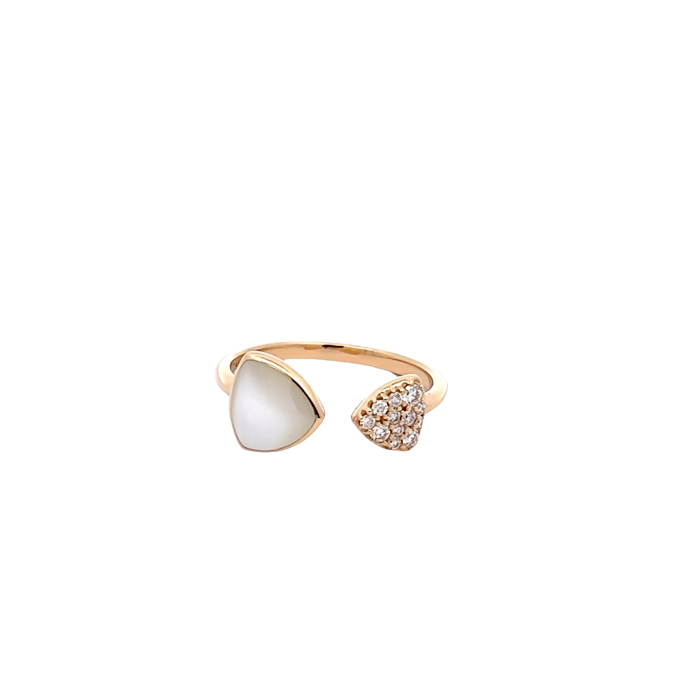 14 Karat yellow gold ring with 12=0.16 total weight round brilliant G VS Diamonds and white Mother of Pearl inlay. Size 8.
