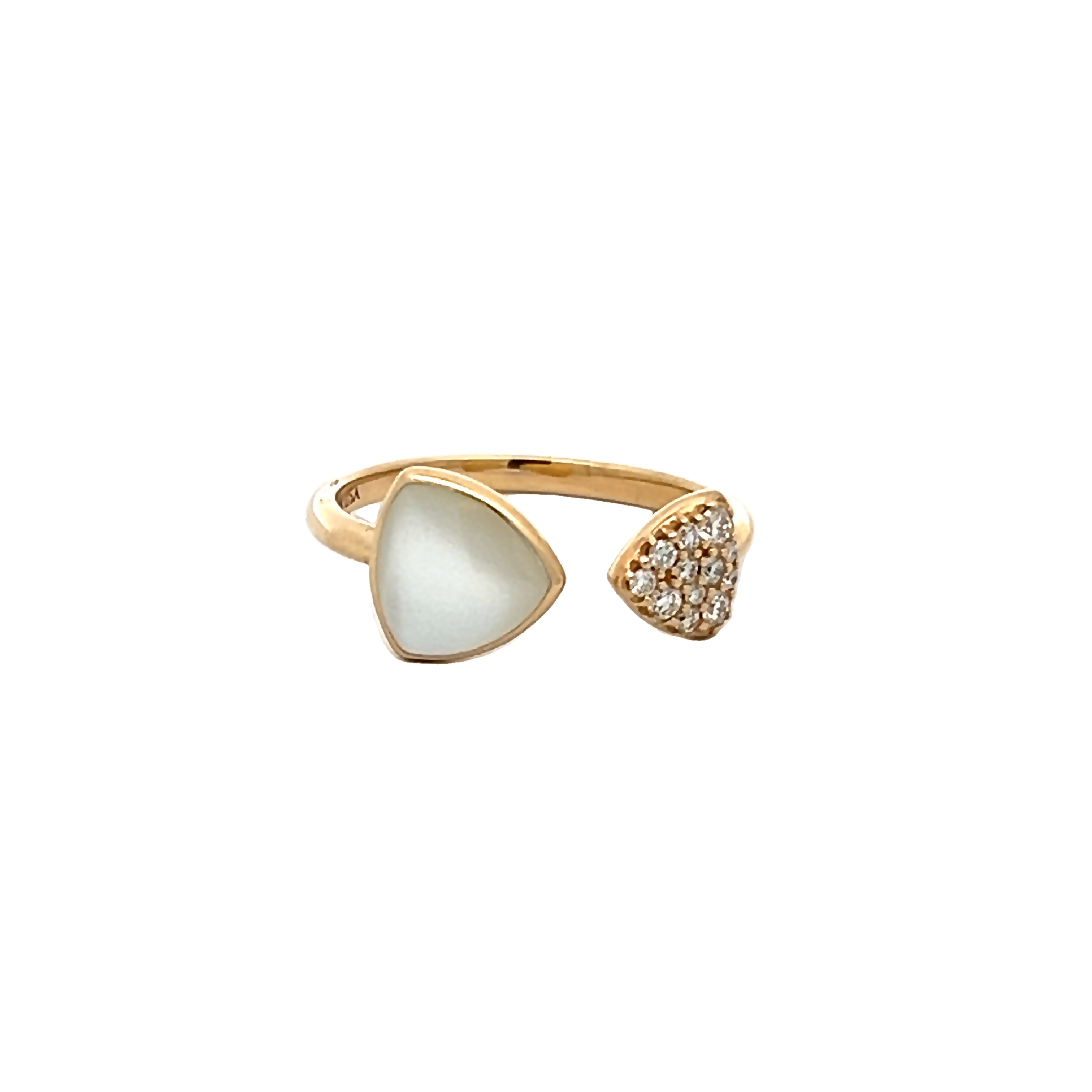 14 Karat yellow gold ring with 12=0.16 total weight round brilliant G VS Diamonds and white Mother of Pearl inlay. Size 8.