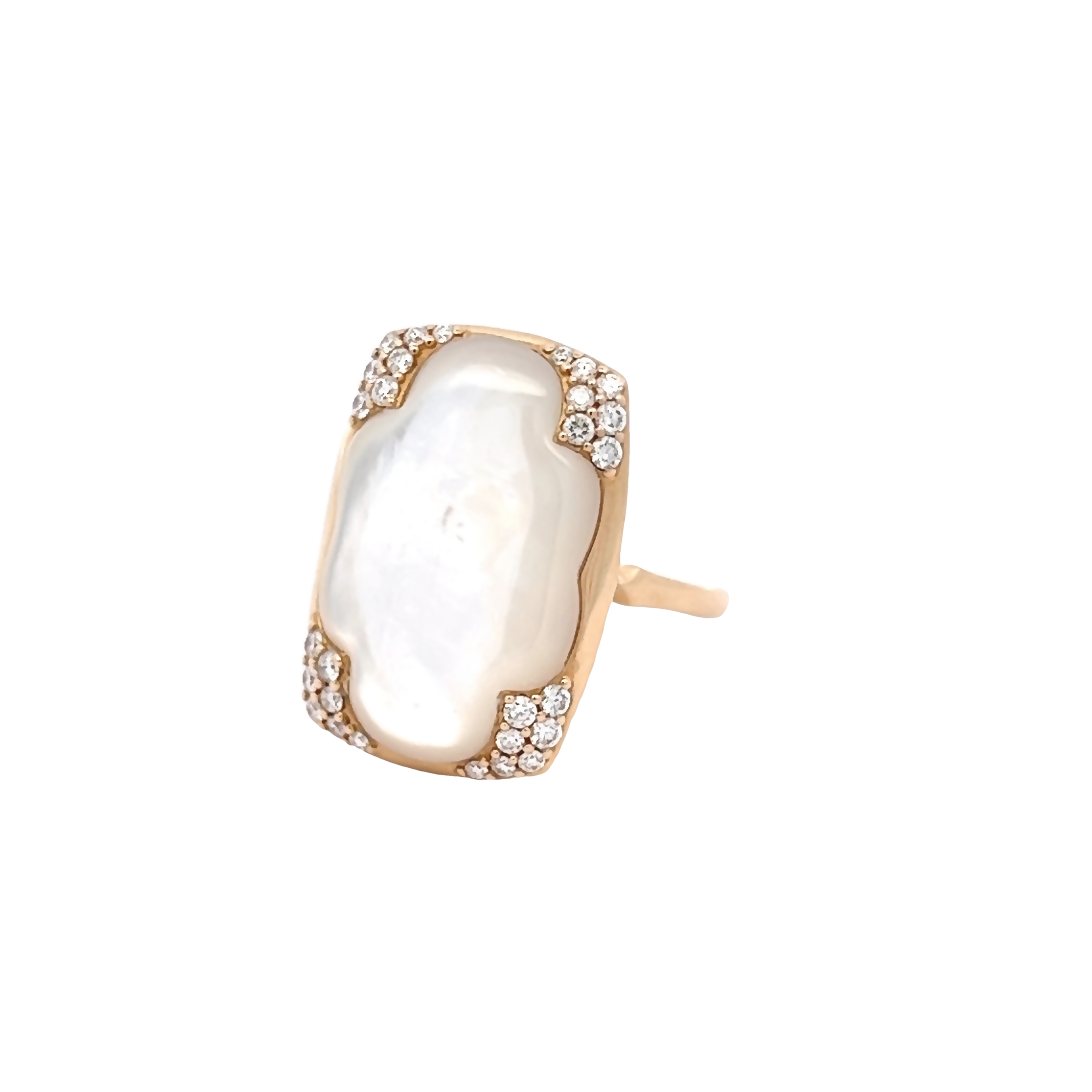 14 Karat yellow gold ring with 28=0.36 total weight round brilliant G VS Diamonds and white Mother of Pearl inlay. Size 8.