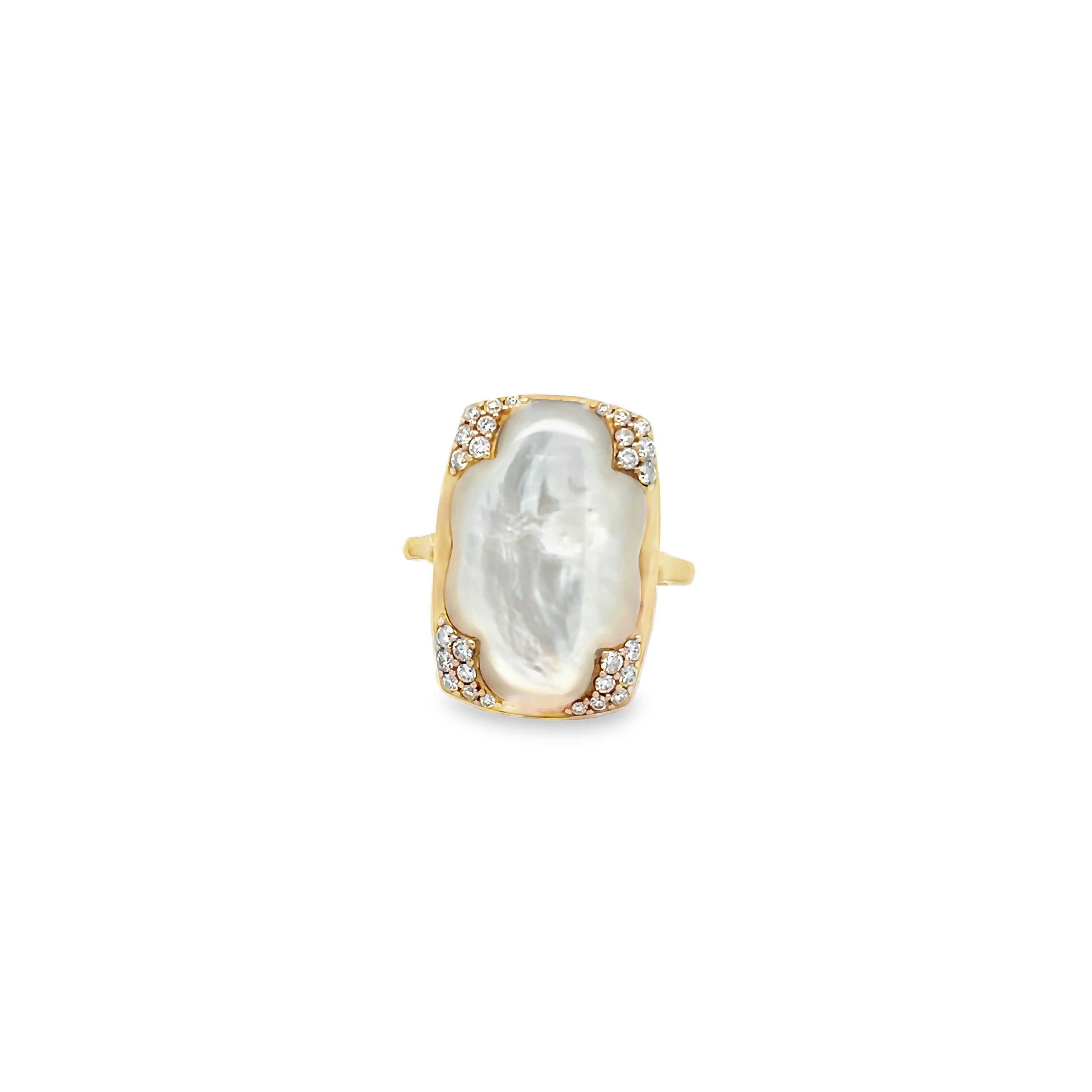 14 Karat yellow gold ring with 28=0.36 total weight round brilliant G VS Diamonds and white Mother of Pearl inlay. Size 8.