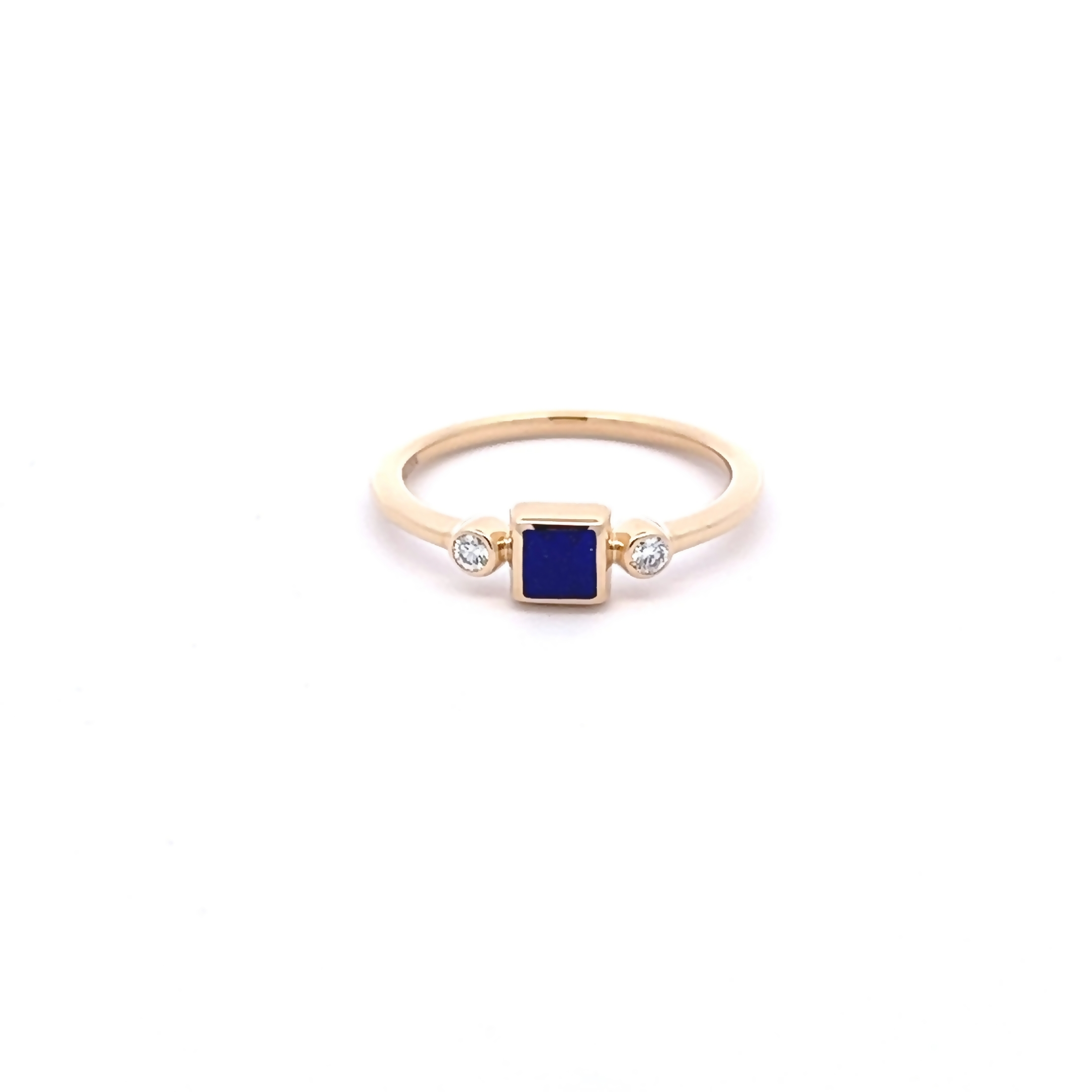 14 Karat yellow gold ring with 2=0.07 total weight round brilliant G VS Diamonds and Lapis Lazuli inlay. Size 7.5