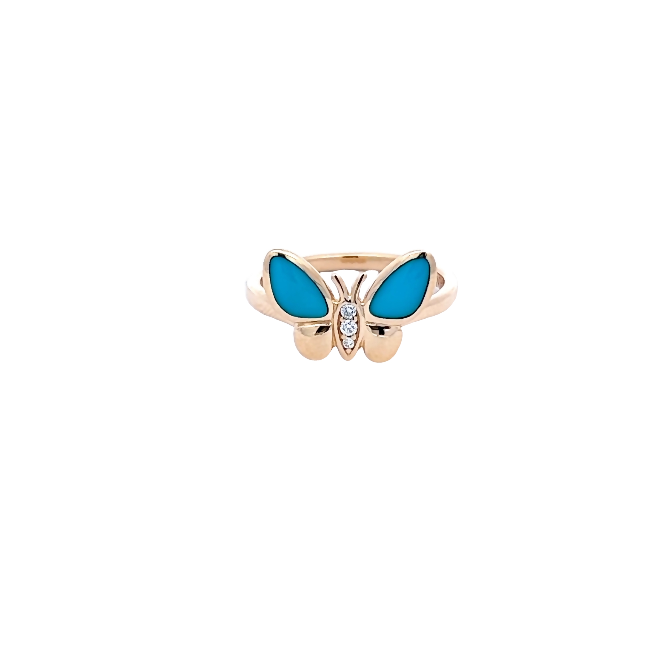 14 Karat yellow gold butterfly ring with 3=0.03 total weight round brilliant G VS Diamonds and Sleeping BeautyTurquoise inlay. Size 7