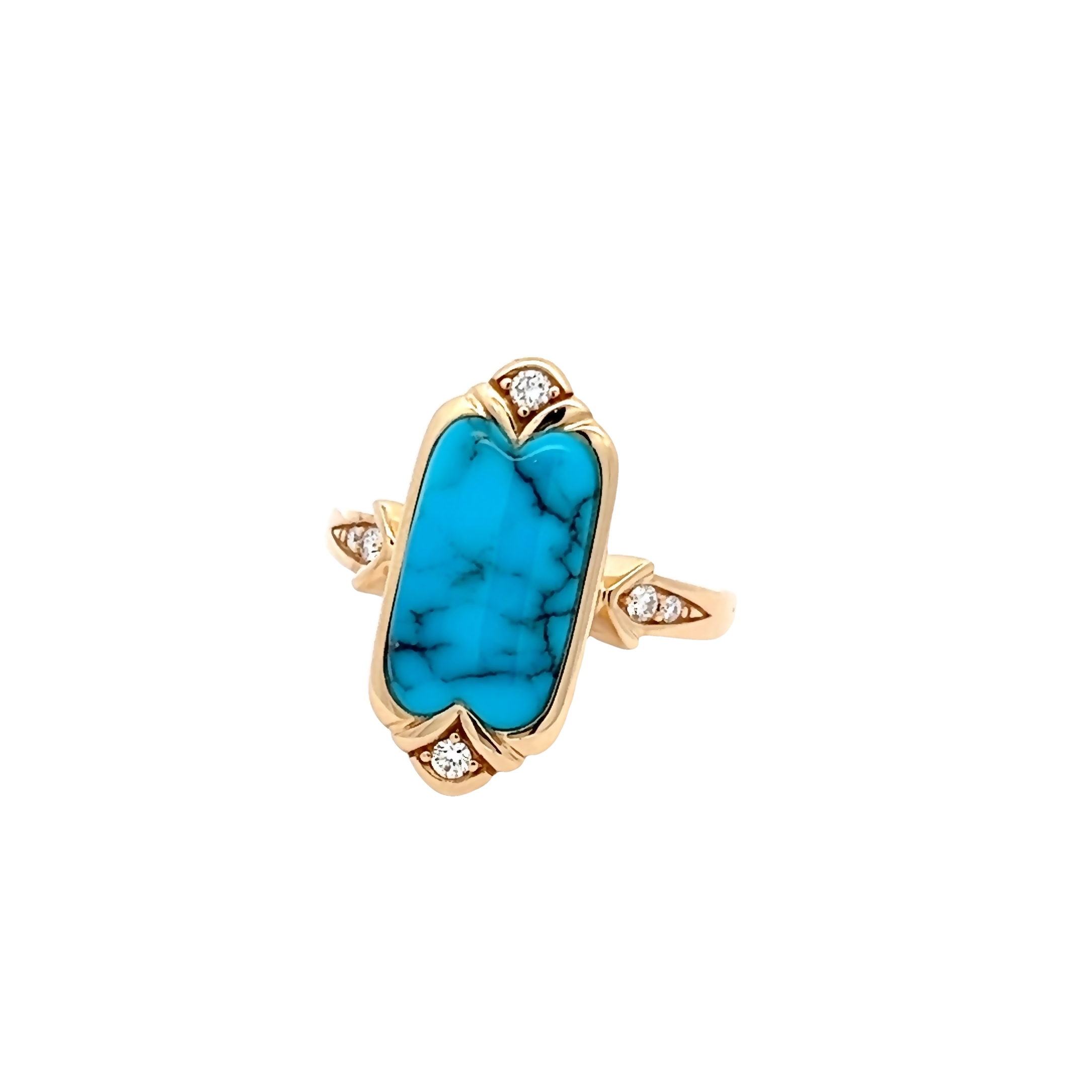 14 Karat yellow gold ring with Kingman Turquoise Inaly and 6=0.13 total weight round brilliant G VS Diamonds. Size 8