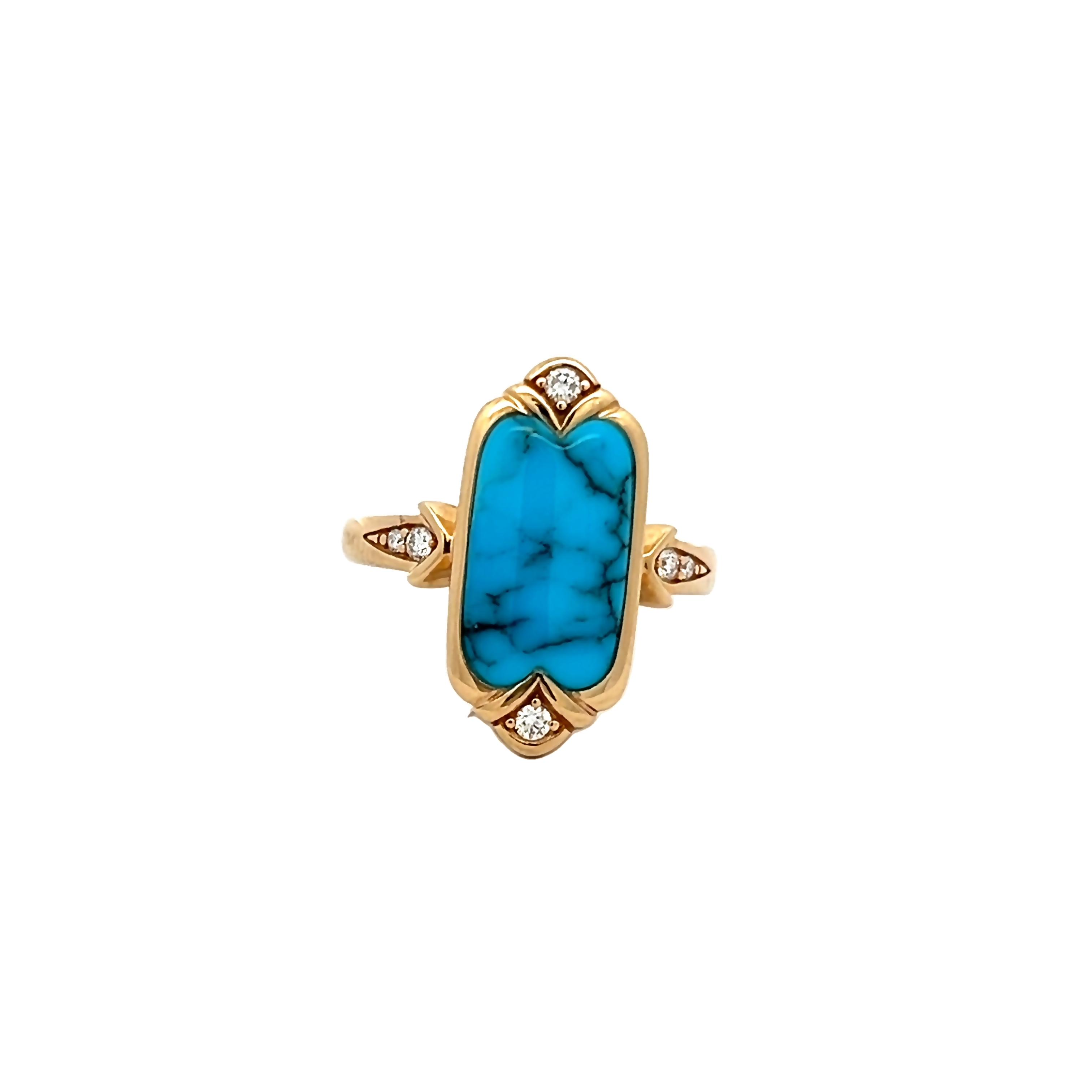 14 Karat yellow gold ring with Kingman Turquoise Inaly and 6=0.13 total weight round brilliant G VS Diamonds. Size 8