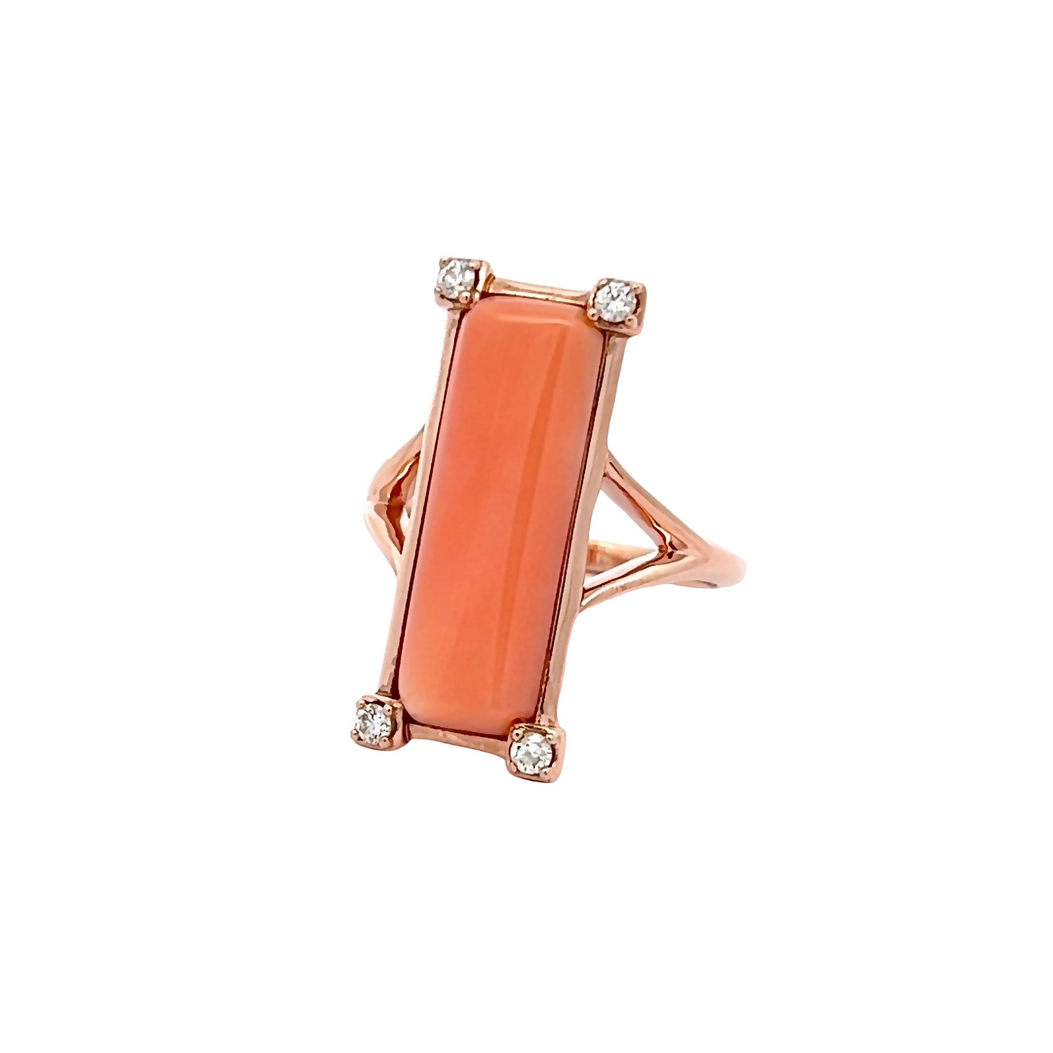14 Karat rose gold ring with pink Coral inlay and  4=0.14 total weight round brilliant G VS Diamonds