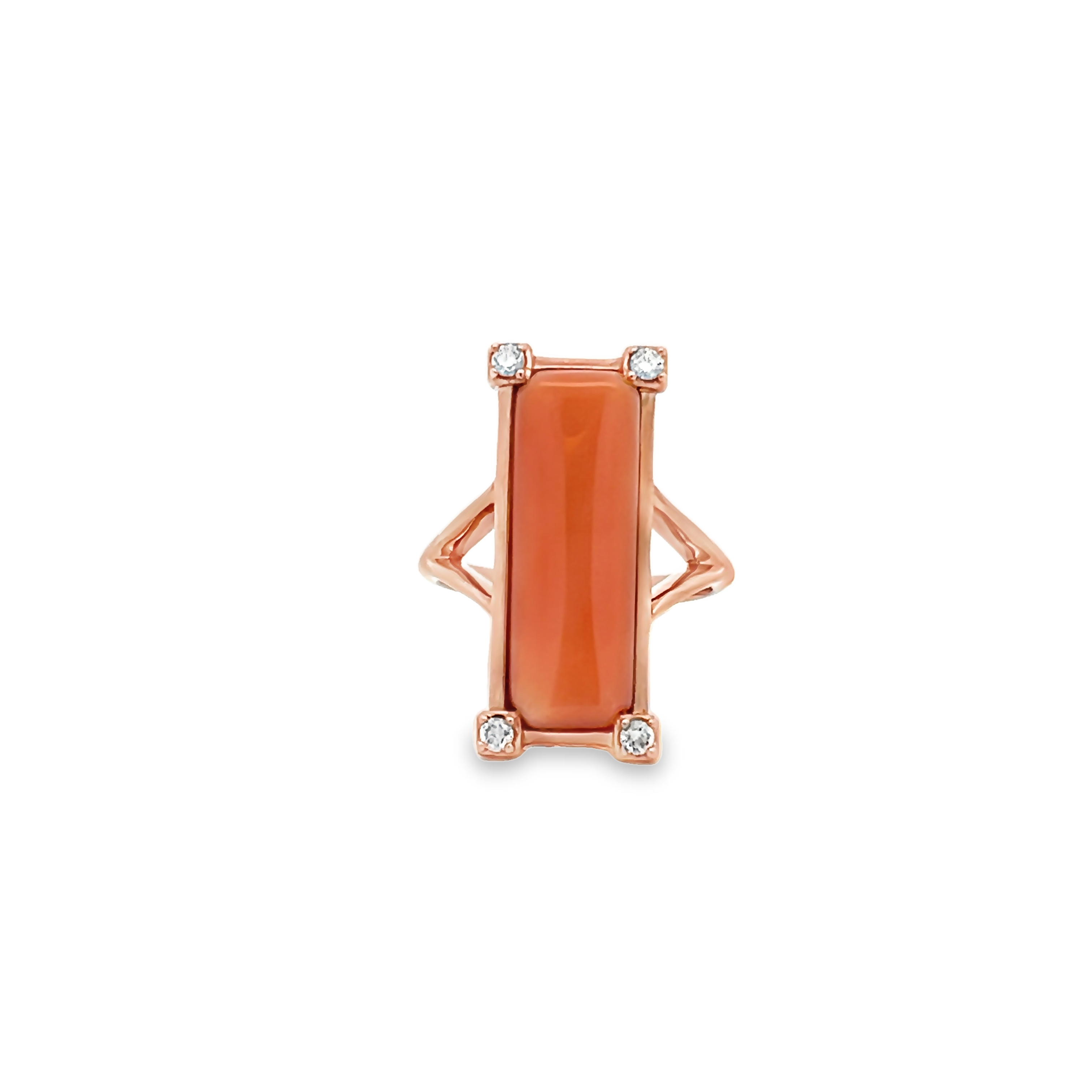 14 Karat rose gold ring with pink Coral inlay and  4=0.14 total weight round brilliant G VS Diamonds