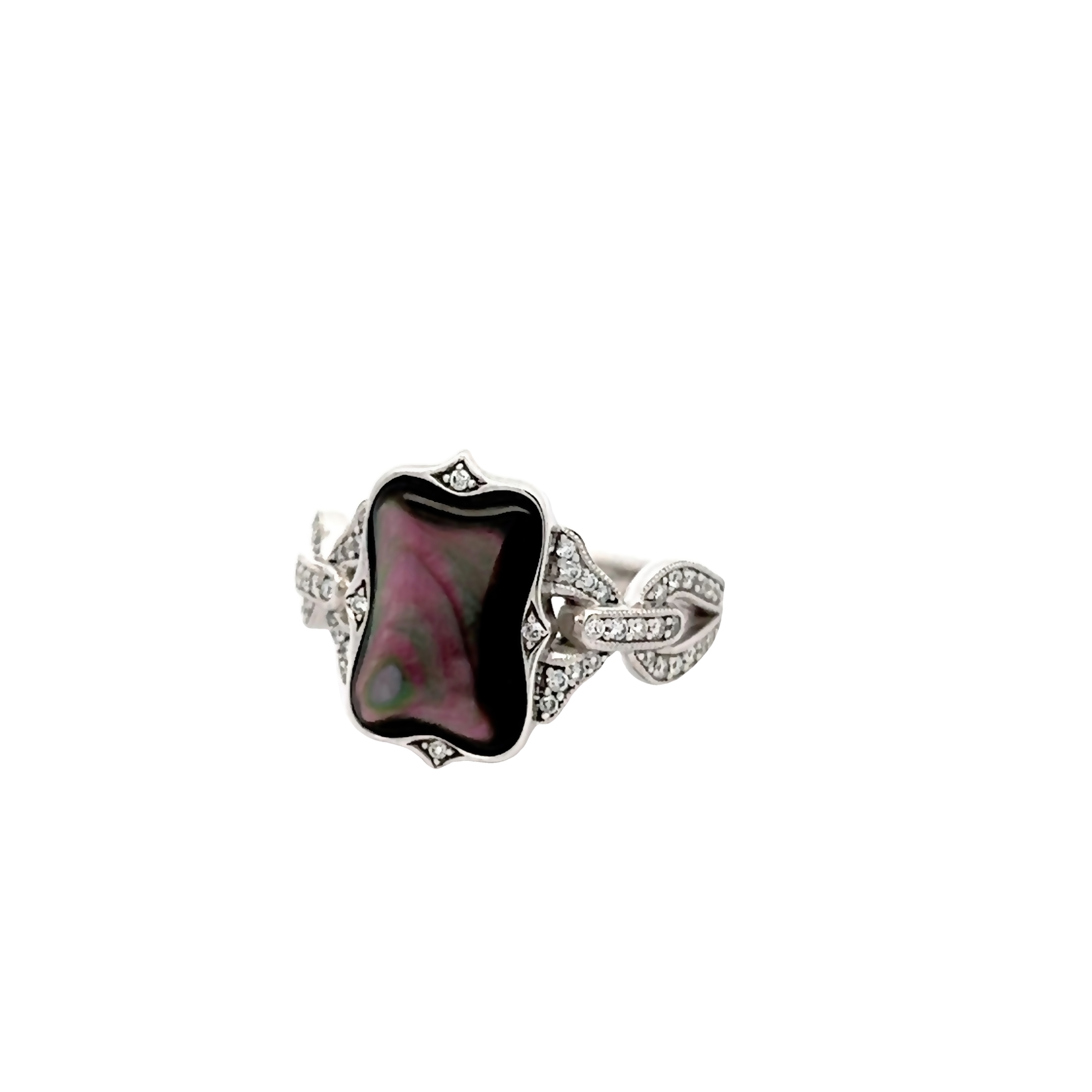14k White Gold Black Mother Of Pearl And Diamond Ring
