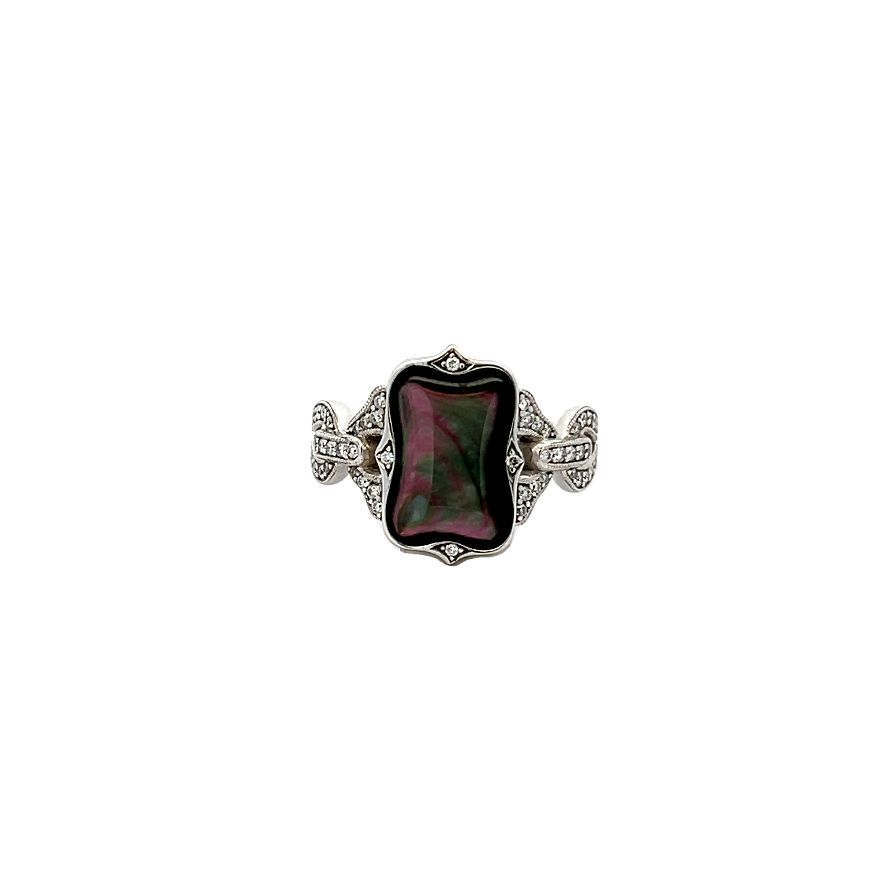 14 Karat white gold ring with black mother of Peal inlay and 54=0.20Tw round Brilliant G Vs Diamonds. Size 7.5