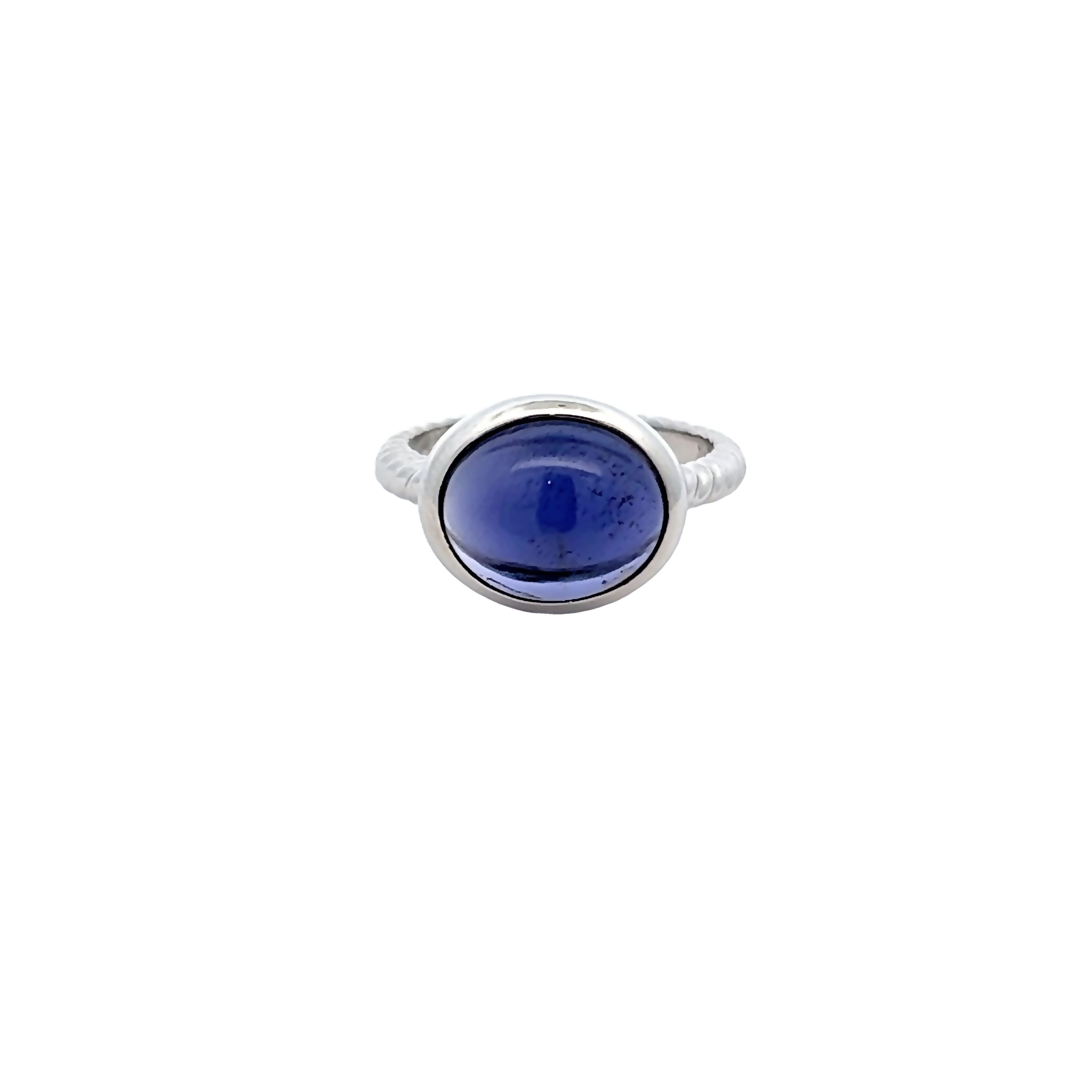 14 Karat white gold ring with One 4.50Ct cabochon Iolite. Size 6.75