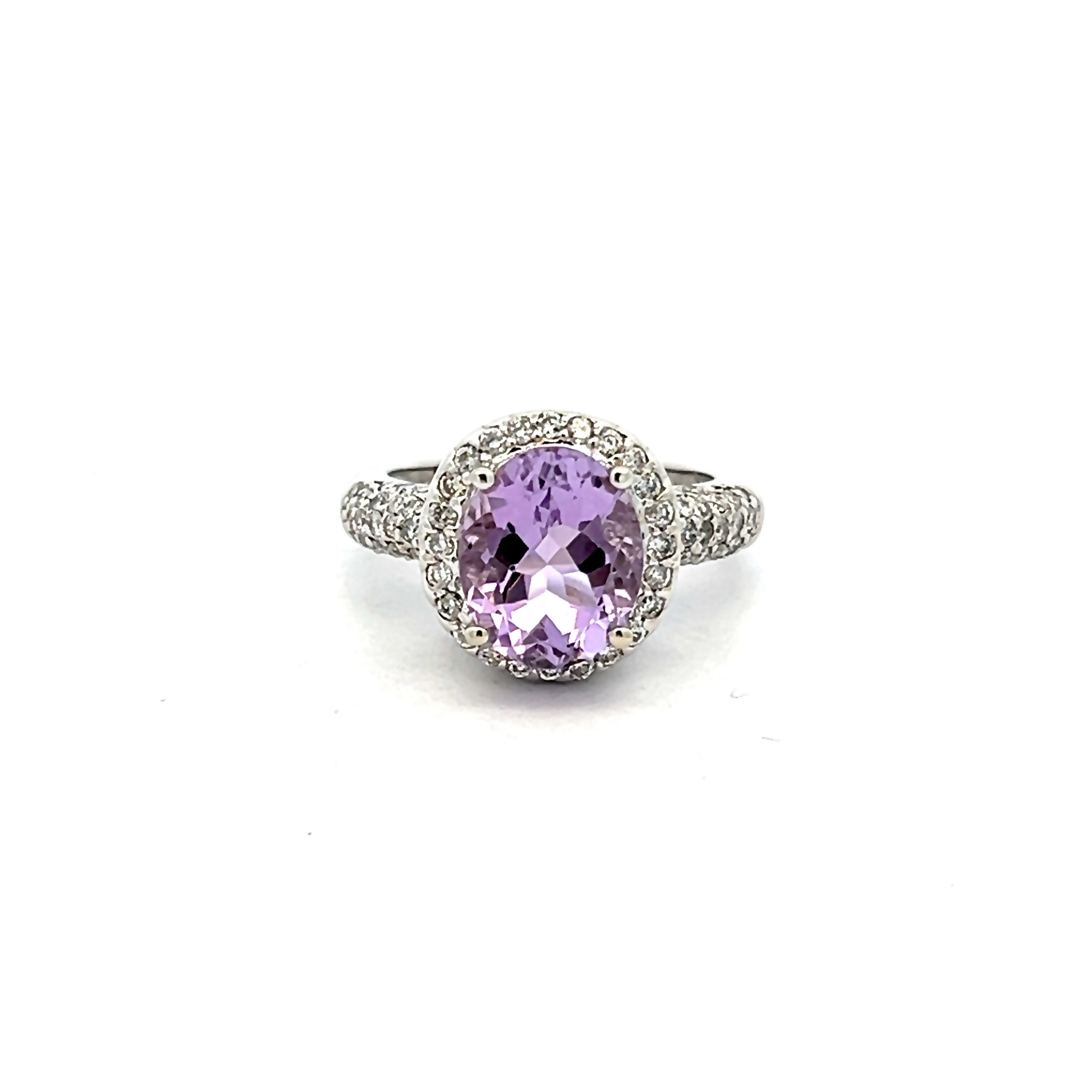 14 Karat white gold ring with One 2.50Ct oval mixed cut Amethyst and 67=0.76 total weight round brilliant G VS Diamonds