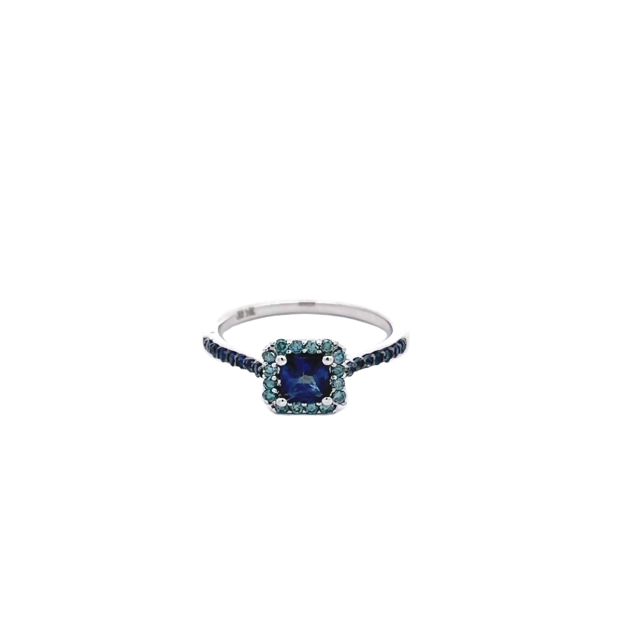 14 Karat white gold fashion ring with One 0.60Ct square mixed cut Sapphire  16=0.01 total weight round brilliant blue Diamonds and 14= 0.02 total weight round mixed cut Sapphires.