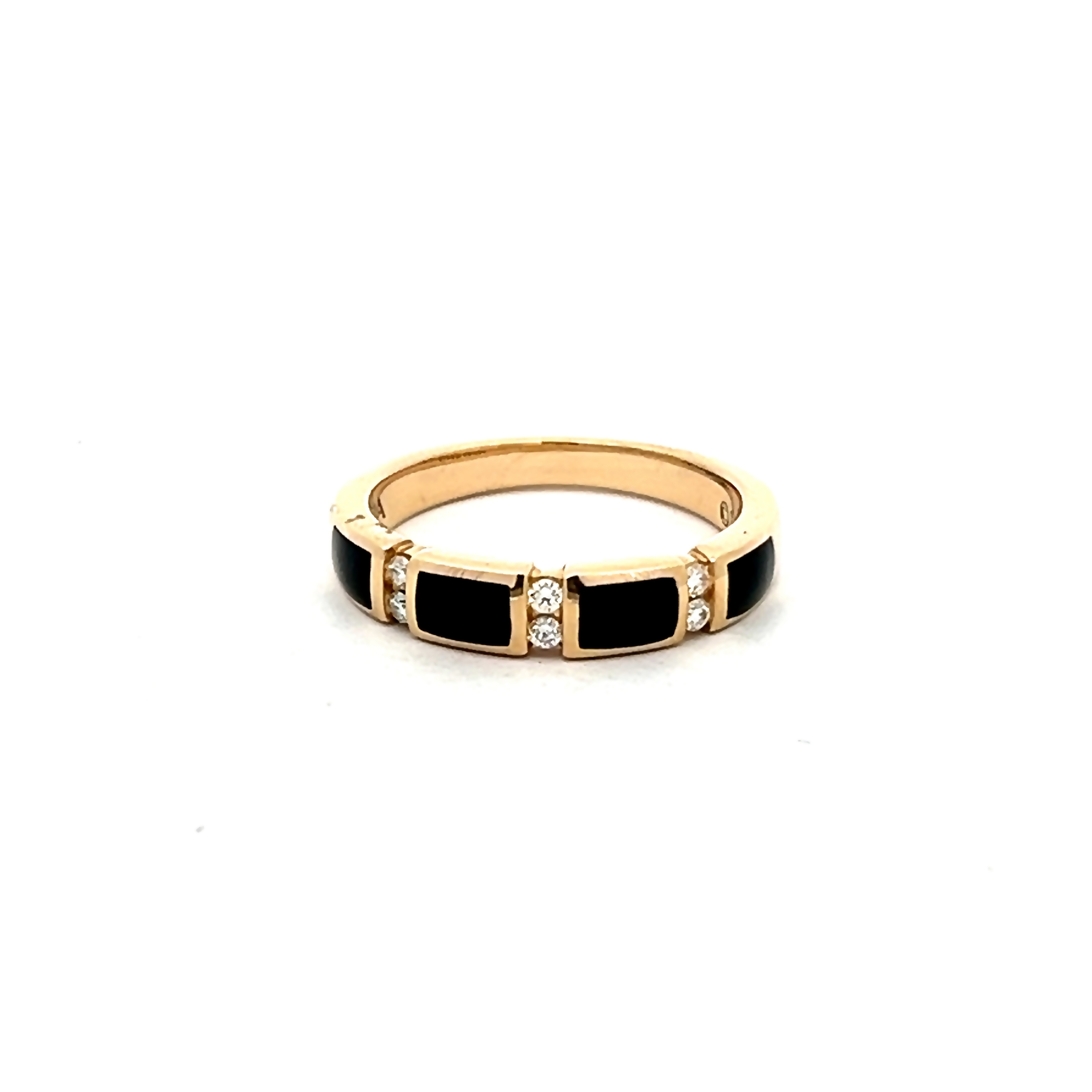 14 Karat yellow gold ring with 6=0.08 total weight round brilliant G VS Diamonds and Black Onyx inlay. Size 7
