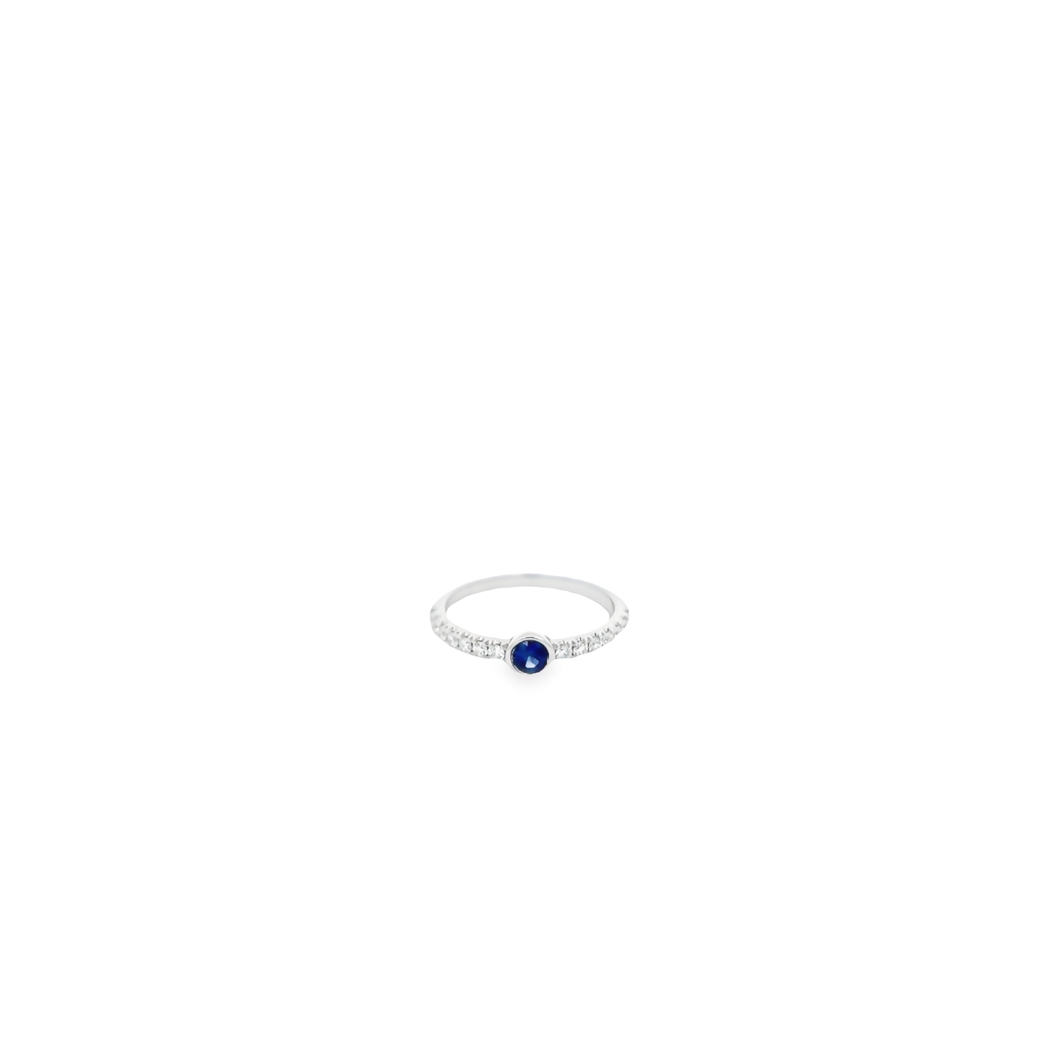 14 Karat White Gold Ring With One 0.26ct Round Mixed Cut Sapphire And 14=0.27 Total Weight Round Brilliant G Vs Diamonds. Size 6.5