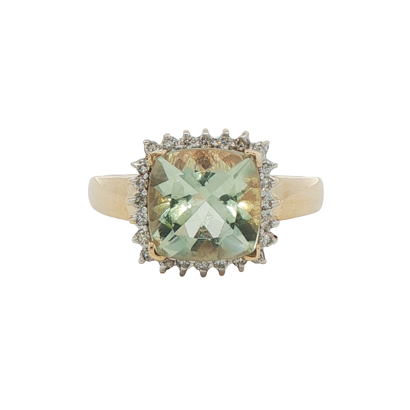 14k Yellow Gold Green Amethyst And Diamond Ring