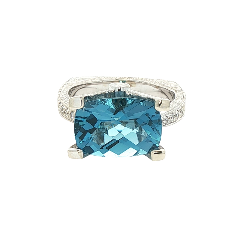 14k White Gold Blue Topaz And Diamond Ring