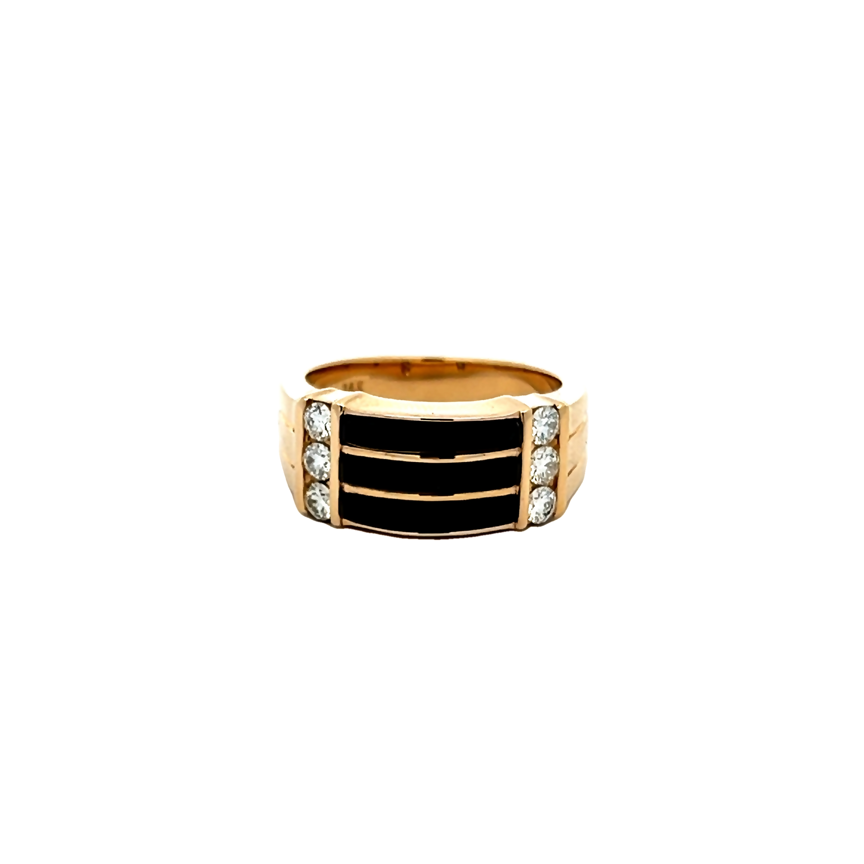 14 Karat Yellow Gold Ring With 6=0.54 Total Weight Round Brilliant G Vs Diamonds And Onyx Inlay. Size 9.5
