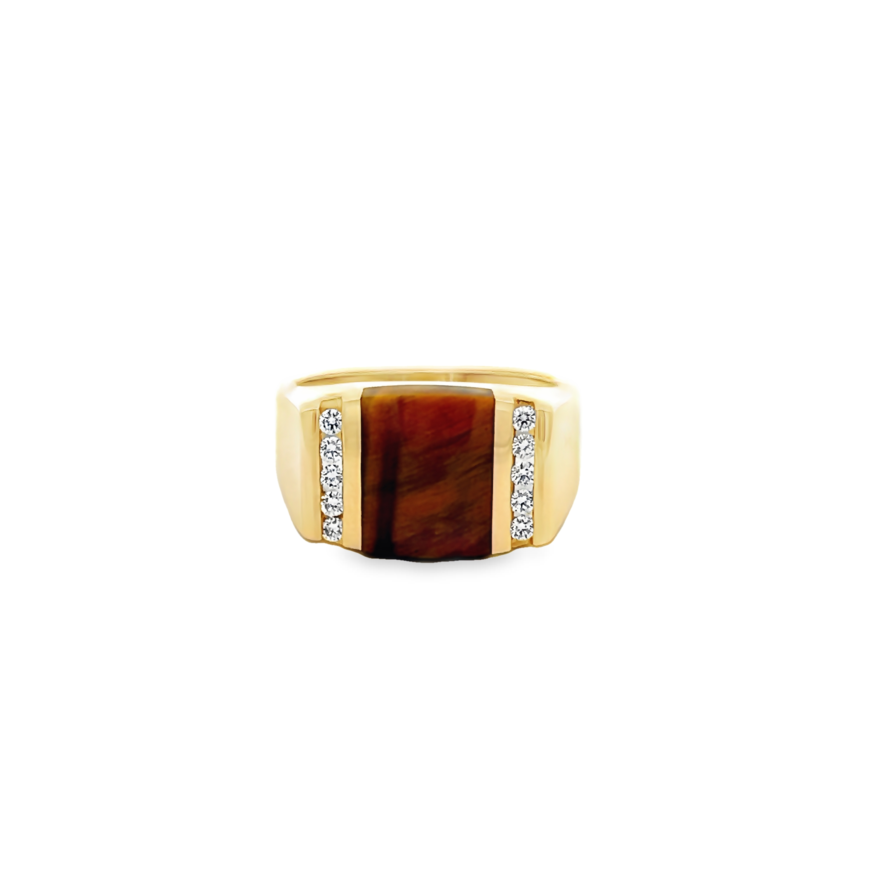 14 Karat Yellow Gold Ring With 10=0.30 Total Weight Round Brilliant G Vs Diamonds And Tigers Eye Inlay. Size 10.5