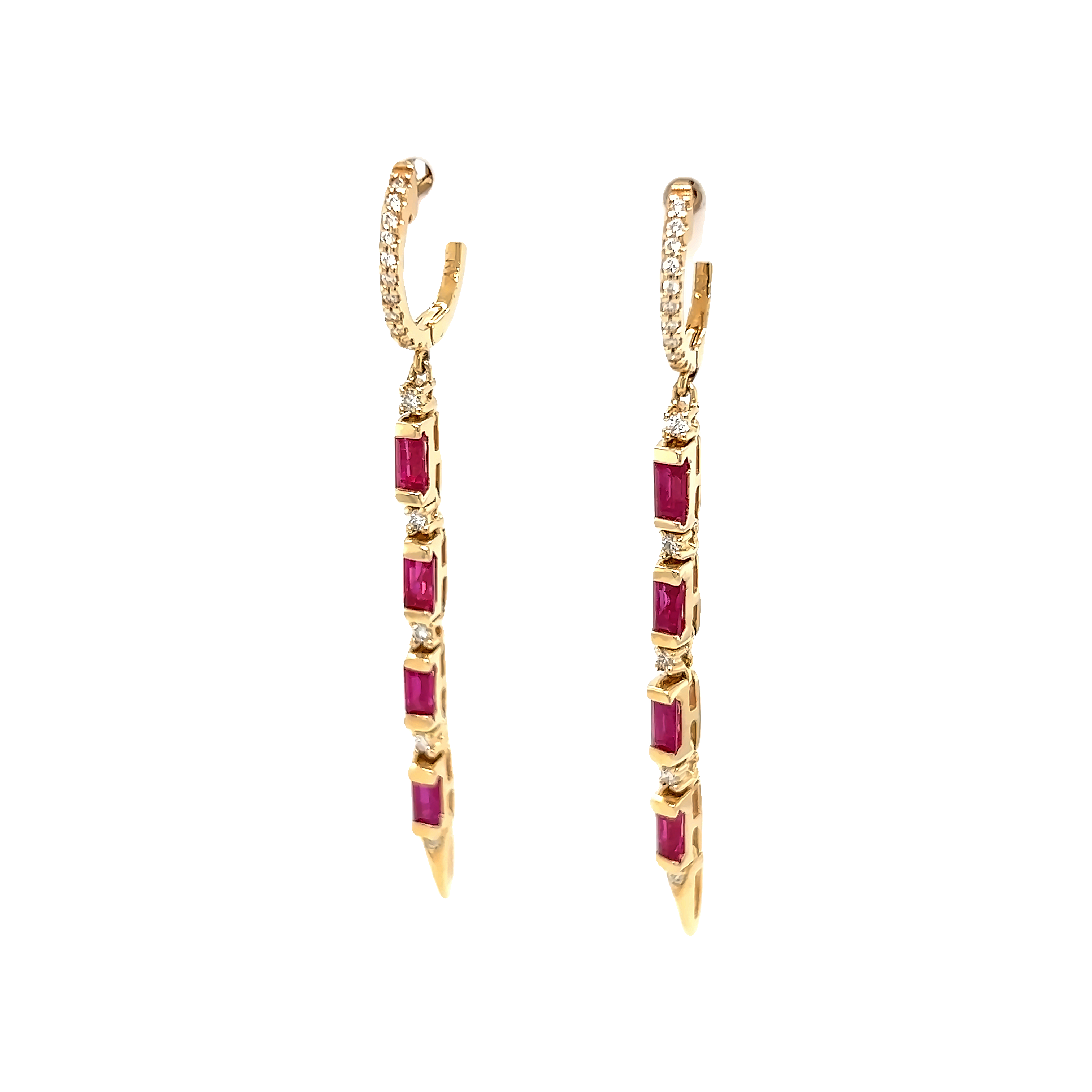 Yellow 14 Karat Dangle Earrings With 32=0.18Tw Round Brilliant G VS Diamonds And 8=1.44Tw Baguette Rubys