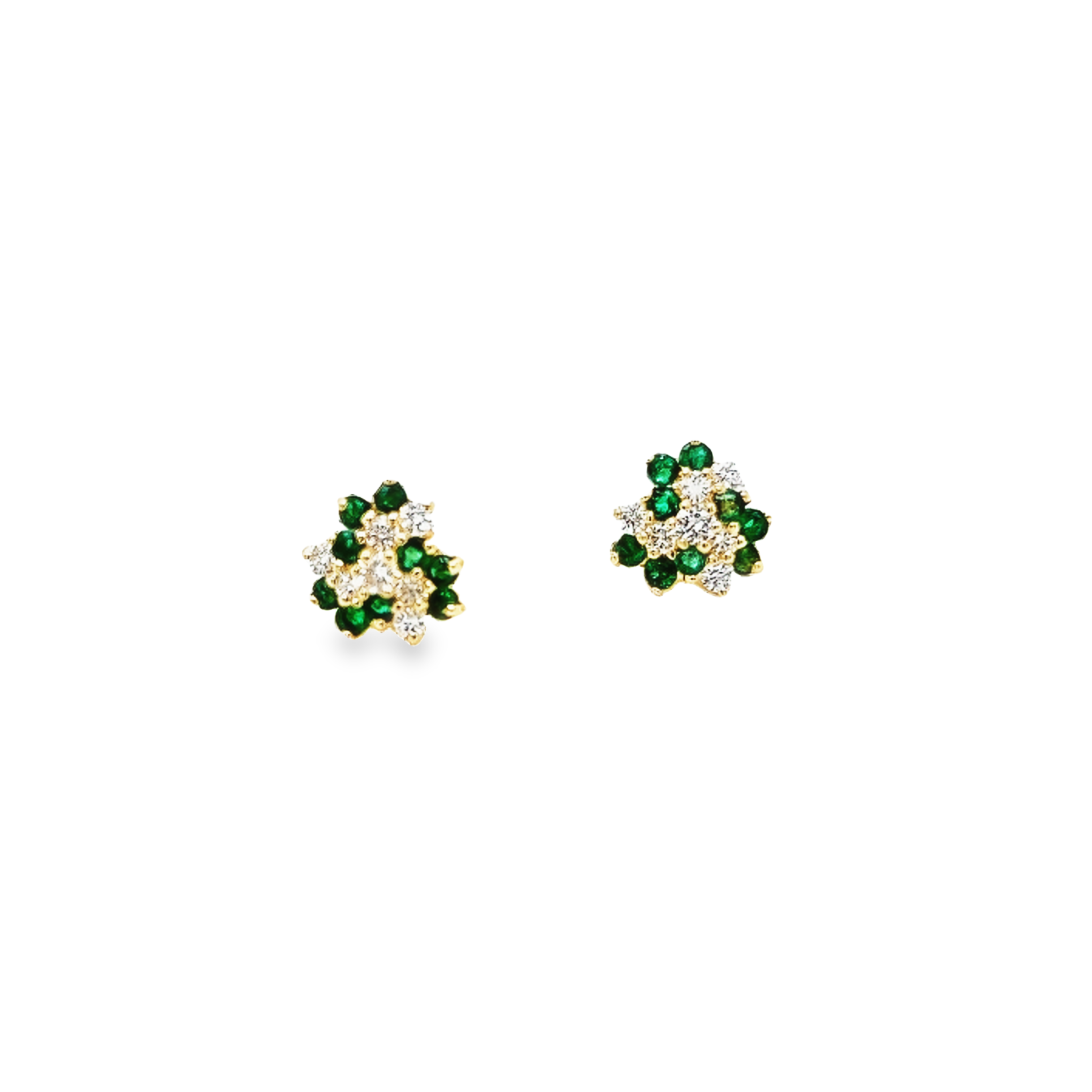 14k Yellow Gold Emerald And Diamond Cluster Stud Earrings