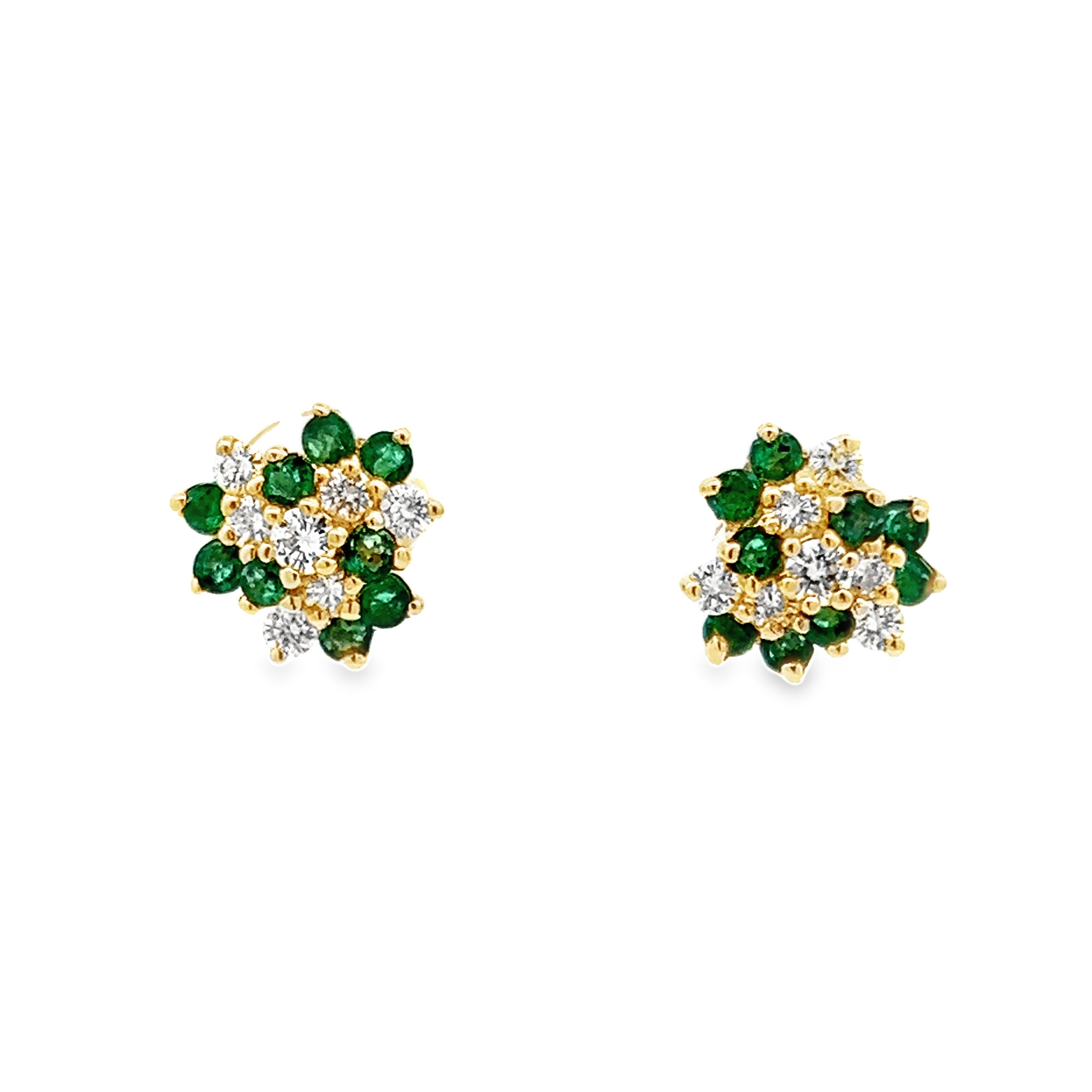 14k Yellow Gold Emerald And Diamond Cluster Stud Earrings