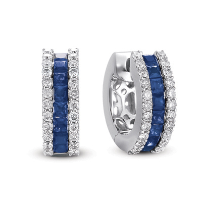 14 Karat white gold earrings with 14=0.94 total weight princess cut Sapphires and 44=0.48 total weight round brilliant G VS Diamonds
