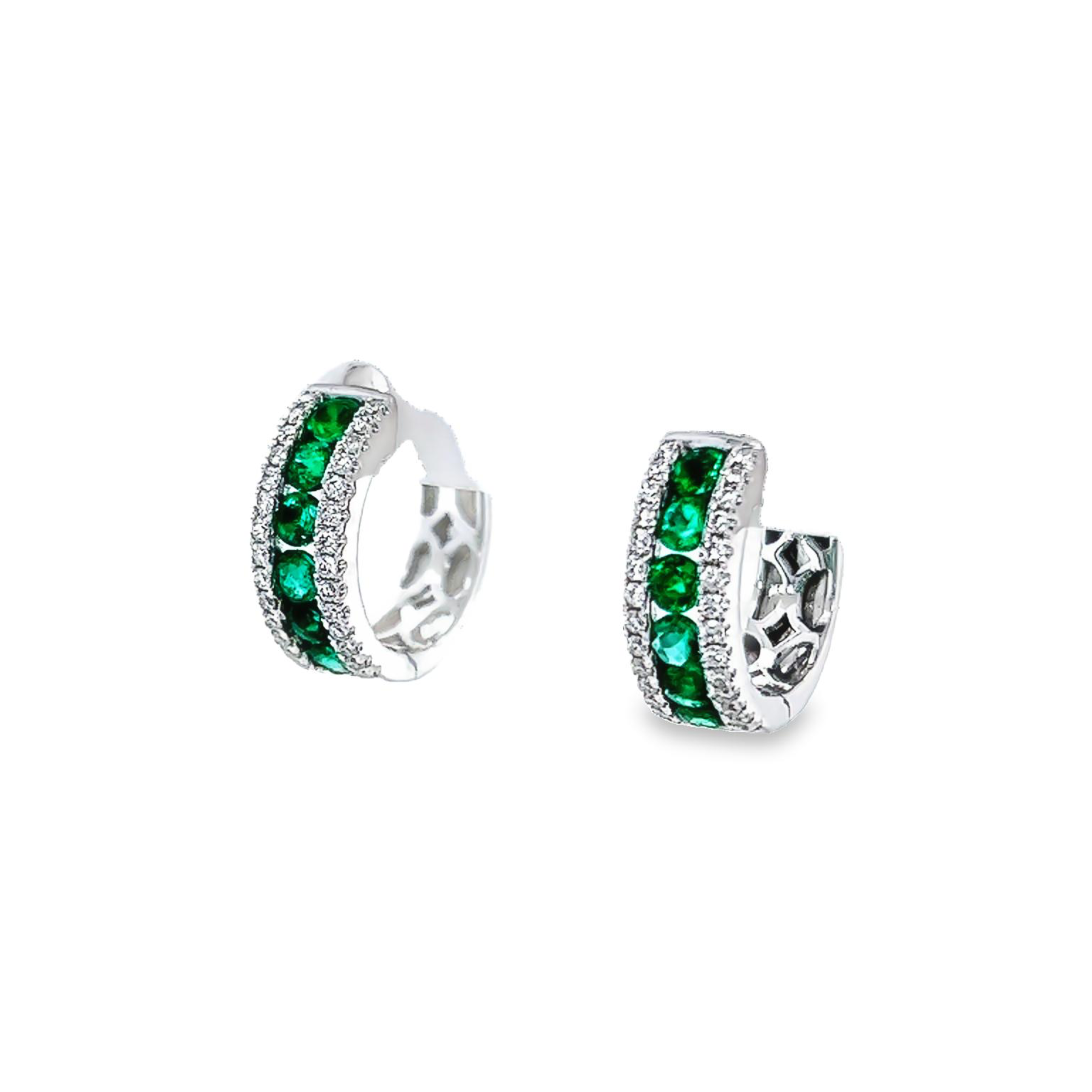 14 Karat white gold earrings with 12=0.68 total weight round mixed cut Emeralds and 56=0.24 total weight round brilliant G VS Diamonds