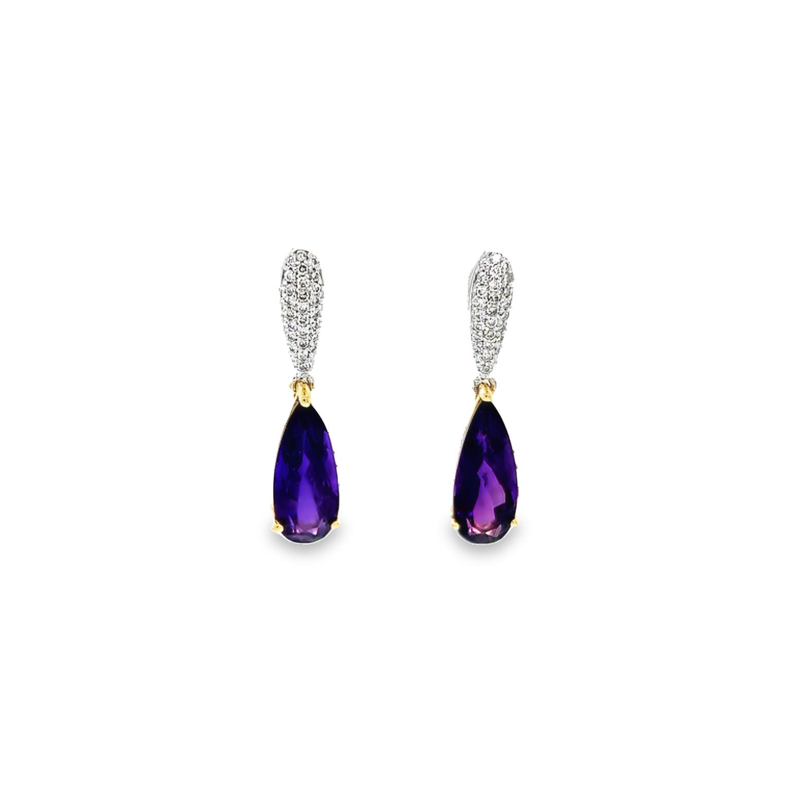 14 Karat yellow and white gold dangle earrings with 2=5ctw pear Amethysts and 50=0.27ctw round brilliant G I Diamonds  dwt: 2