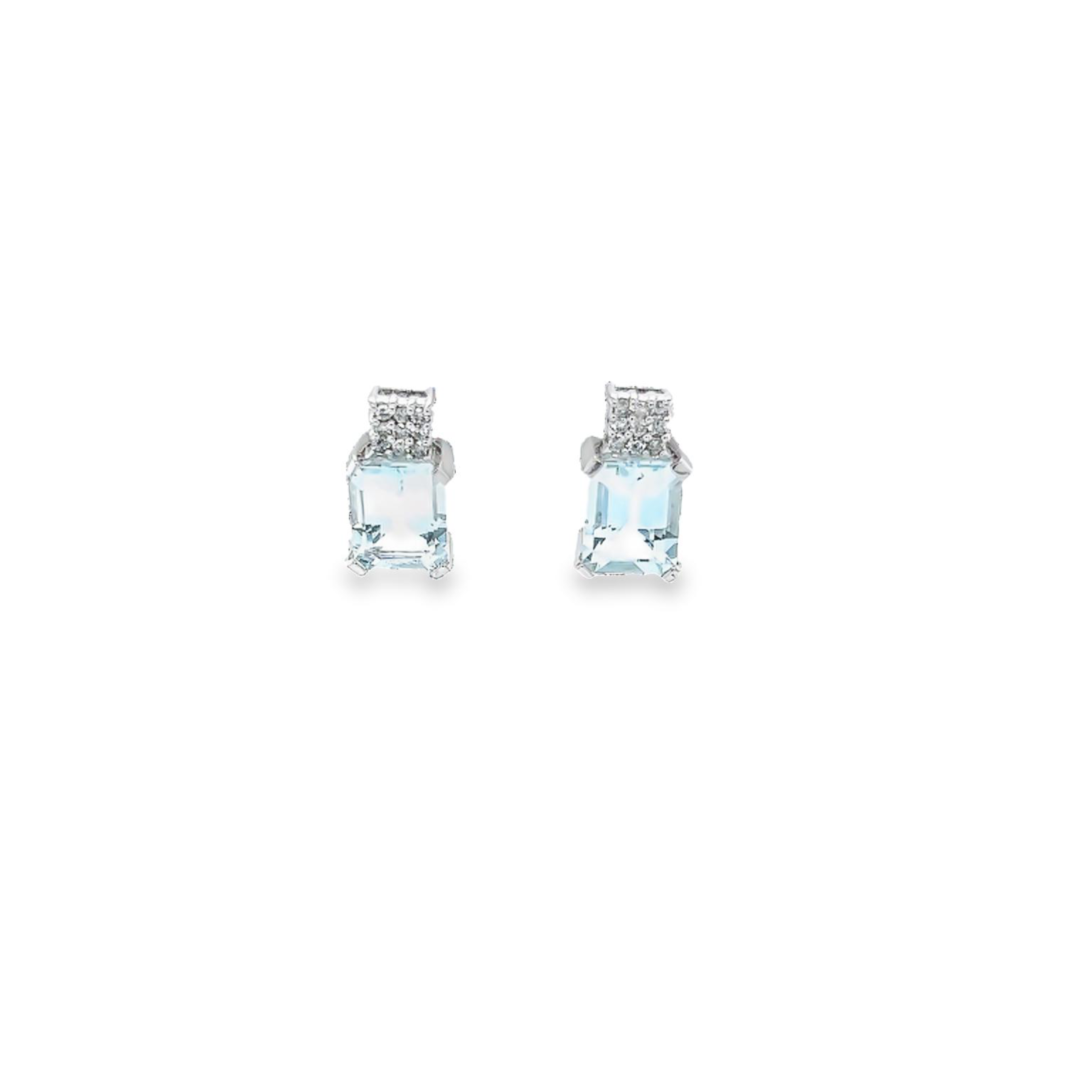 14 Karat white gold stud earrings with 2=4.60 total weight emerald cut Aquamarines and 18=0.18 total weight round brilliant G SI Diamonds