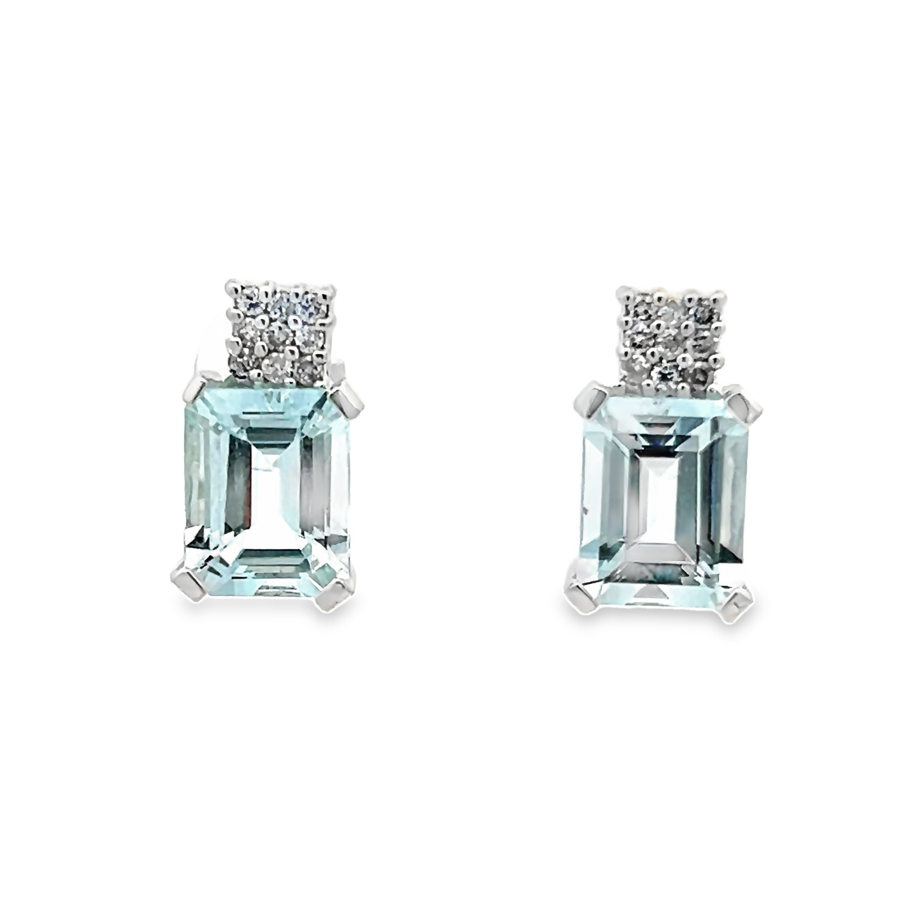 14 Karat white gold stud earrings with 2=4.60 total weight emerald cut Aquamarines and 18=0.18 total weight round brilliant G SI Diamonds