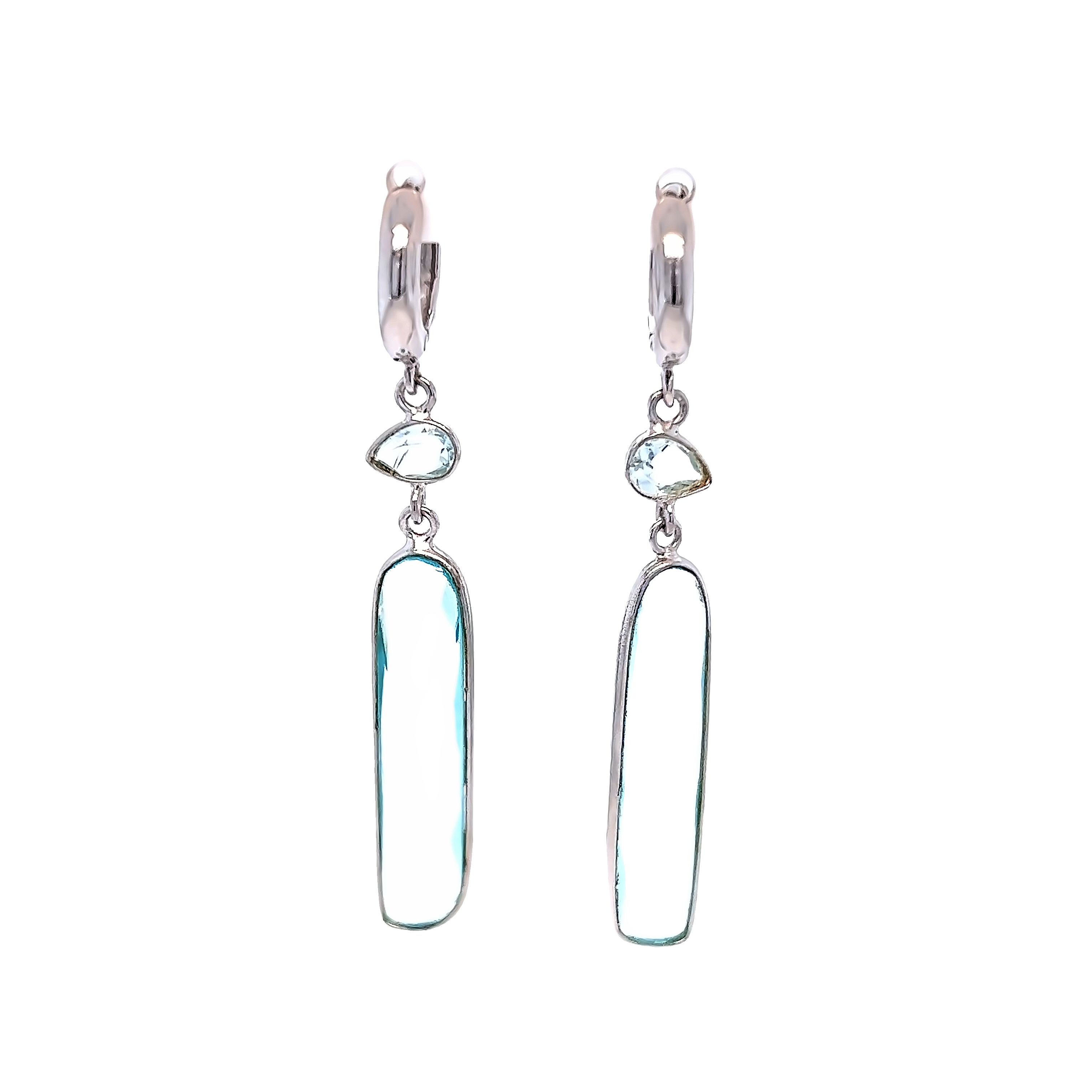 Rhodium plated sterling dangle earrings with 4 Blue Topaz