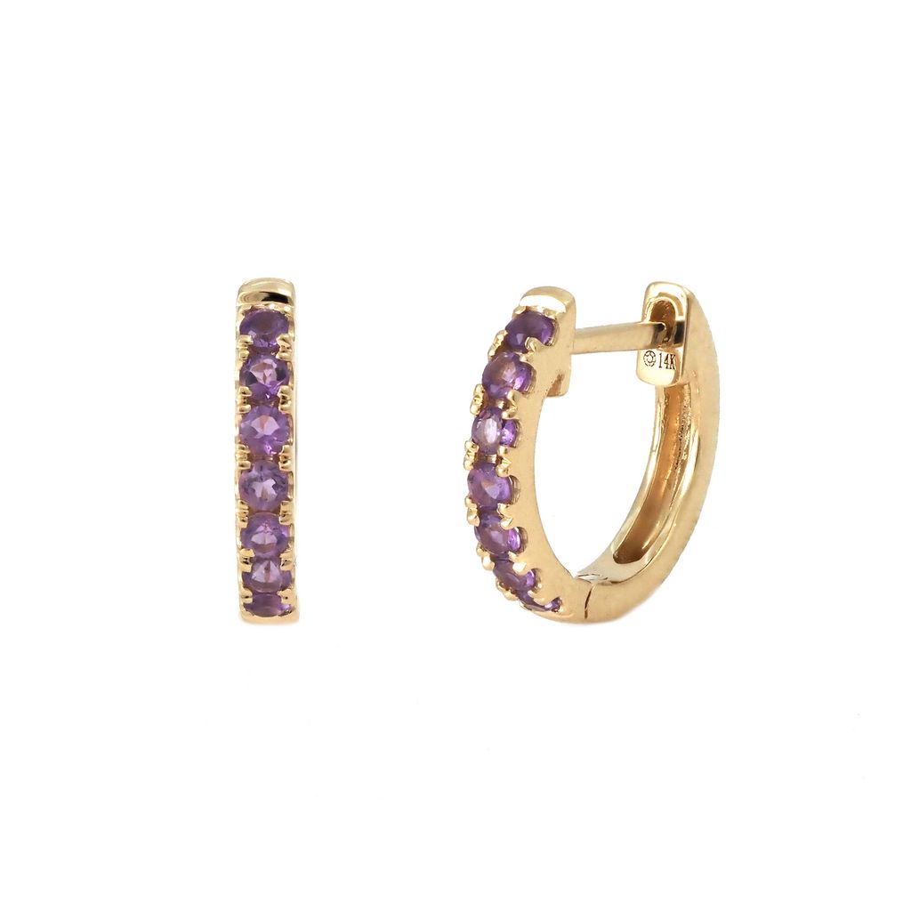 14 Karat yellow gold huggie earrings with 14=0.21 total weight round Amethysts