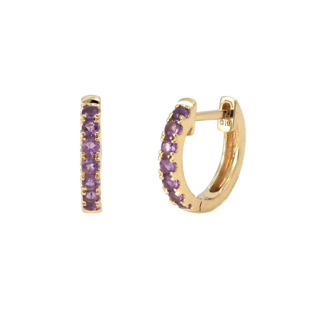 14k Yellow Gold Amethyst Huggie Hoops