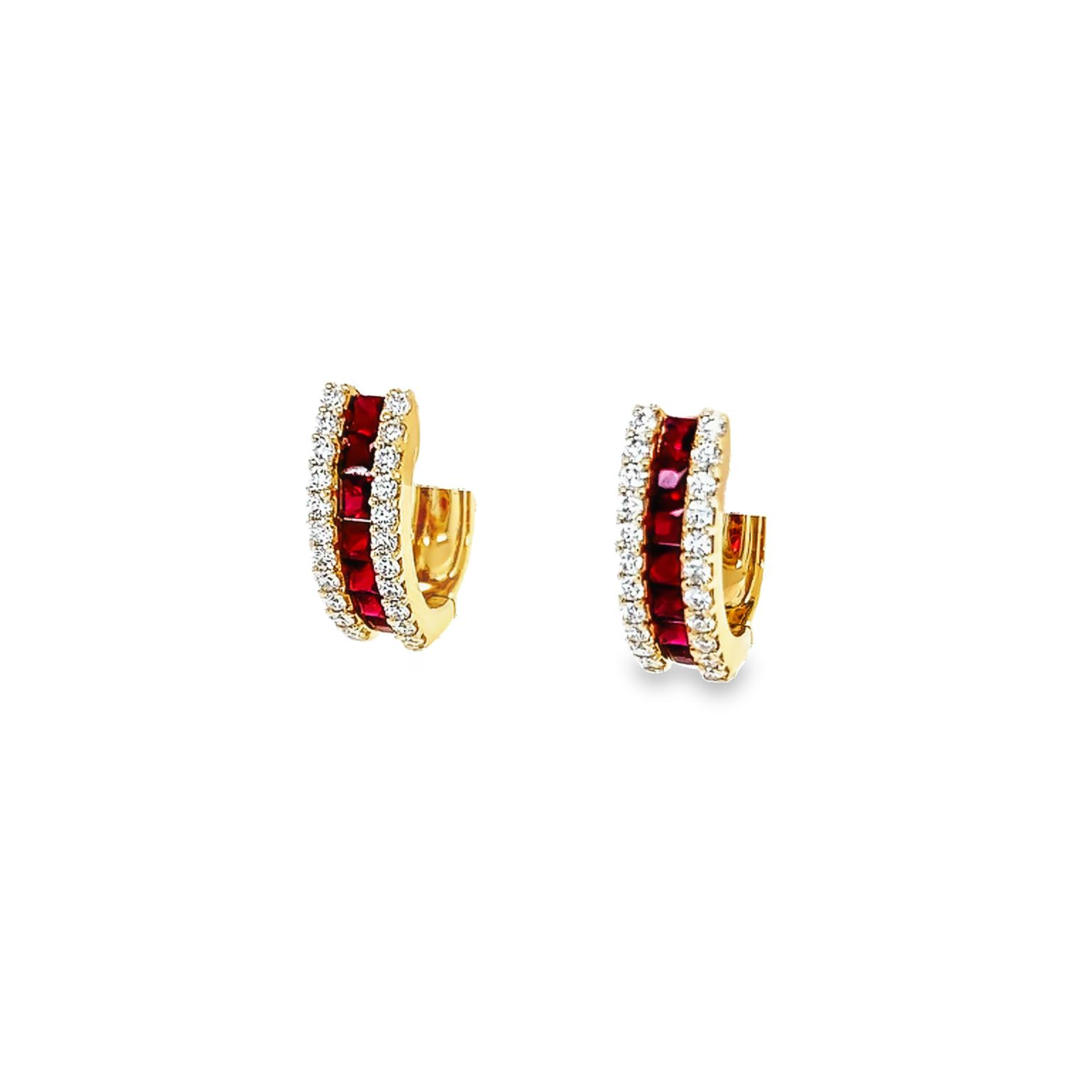 14 Karat yellow gold earrings with 14=1.12 total weight princess cut Rubys and 44=0.48 total weight round brilliant G VS Diamonds