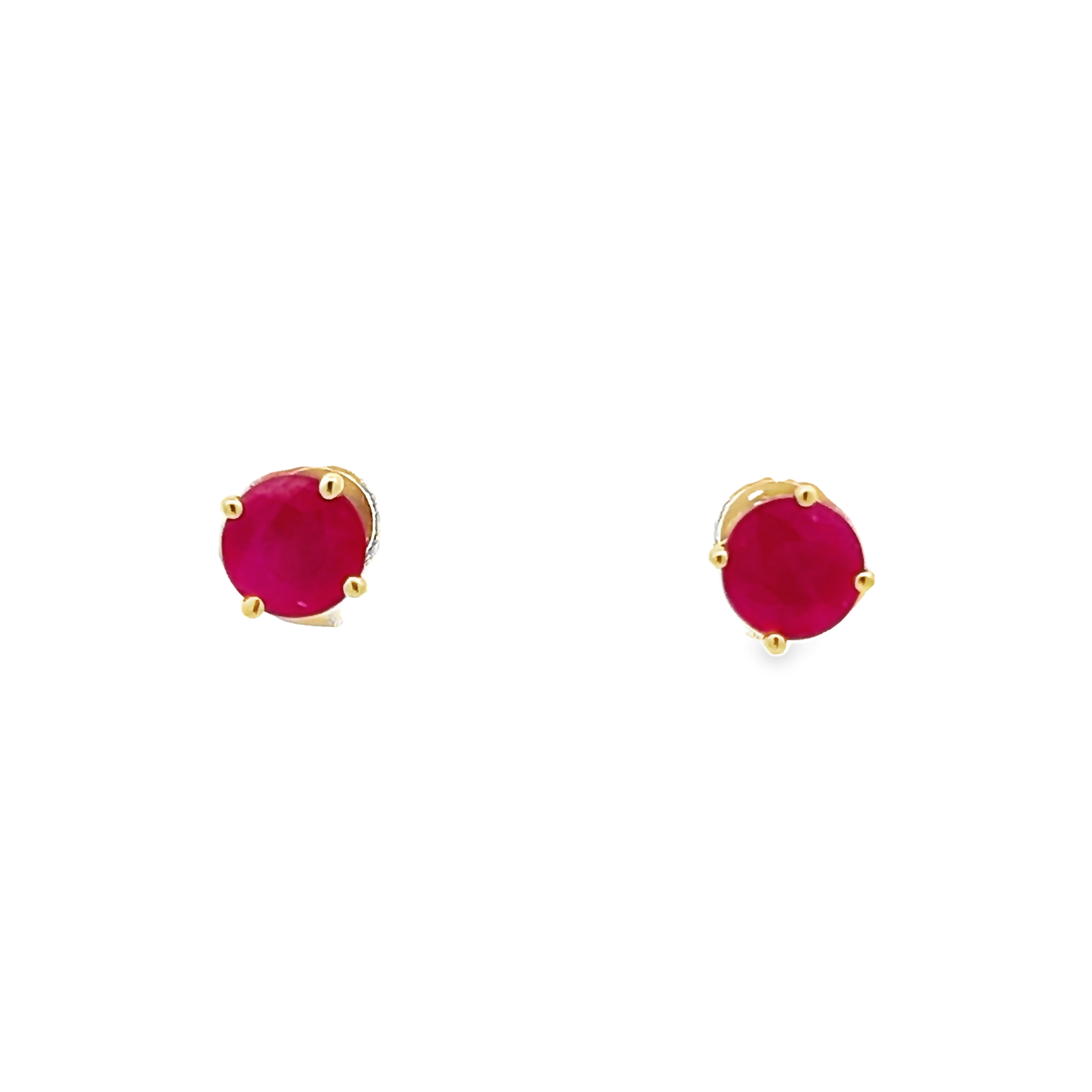 14 Karat yellow gold studs with 2=1.00 total weight round mixed cut Rubys