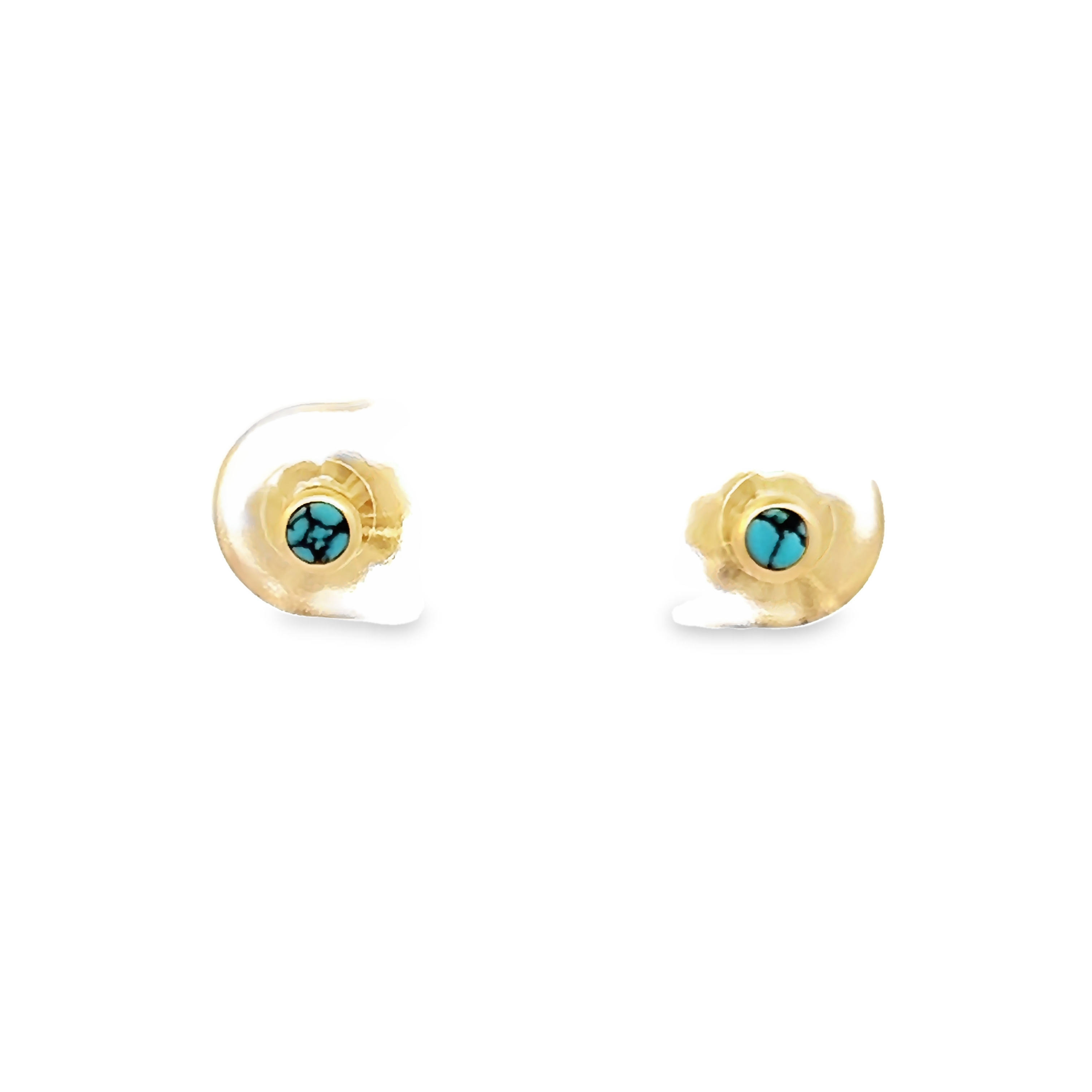 14 Karat yellow gold stud earrings with ChineseTurquoise inlay.