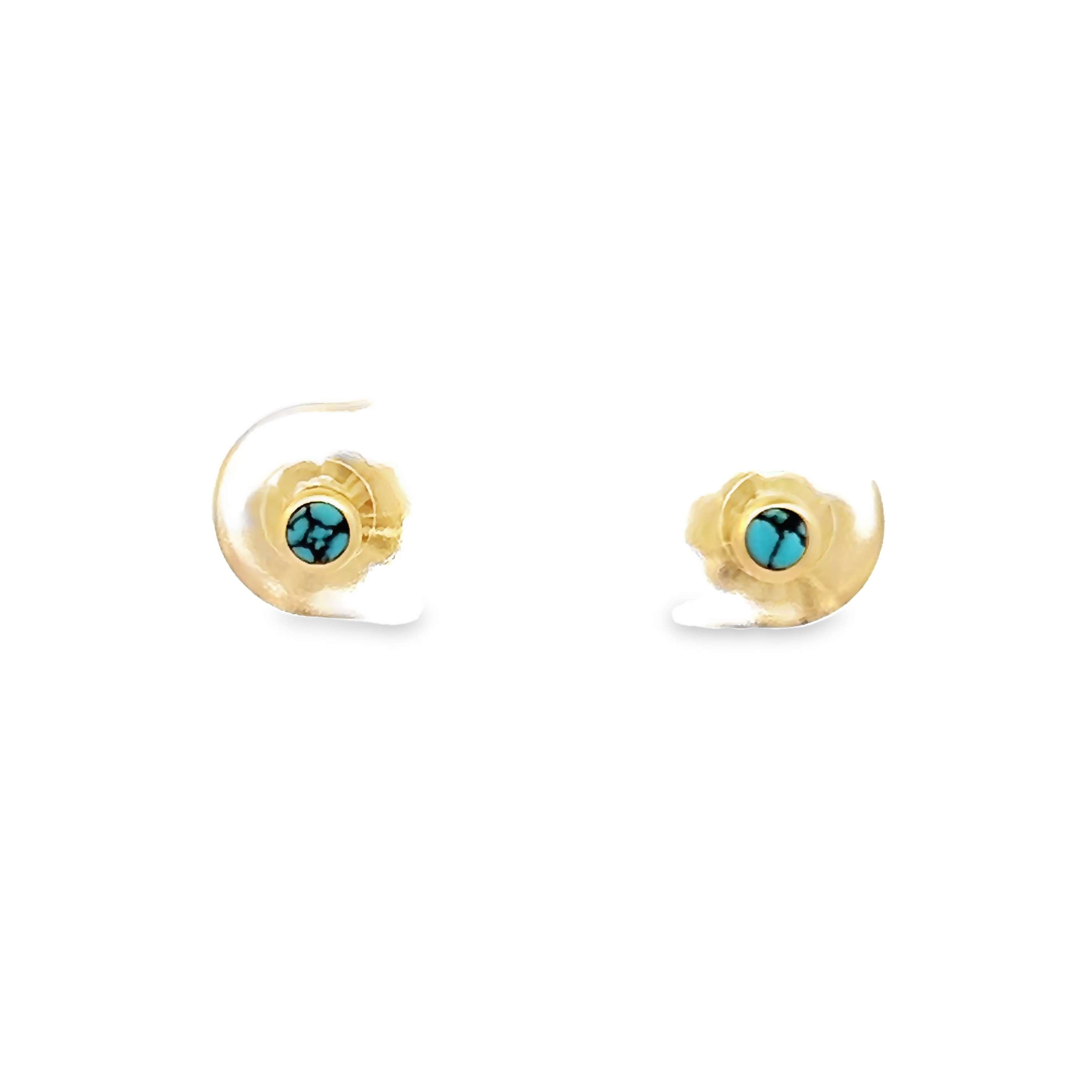 14 Karat Yellow Gold Stud Earrings With Chineseturquoise Inlay.