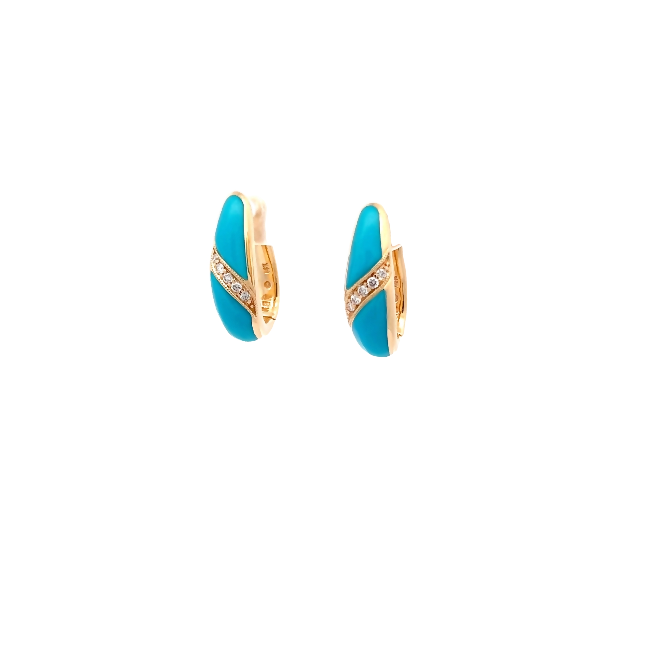 14 Karat yellow gold earrings with 10=0.09 total weight round brilliant G VS Diamonds and Sleeping BeautyTurquoise inlay