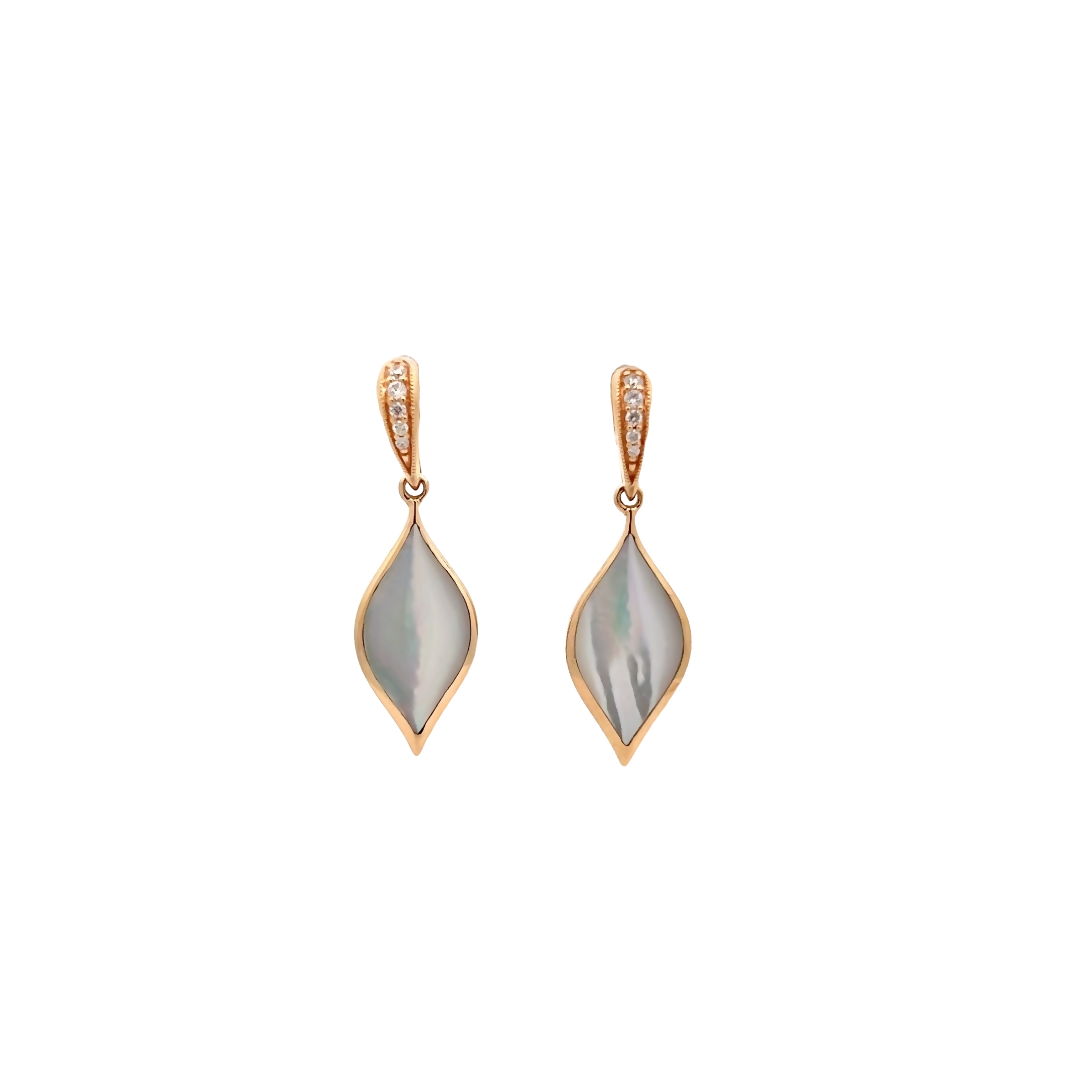14 Karat yellow gold earrings with 10=0.06 total weight round brilliant G VS Diamonds and white Mother of Pearl inlay