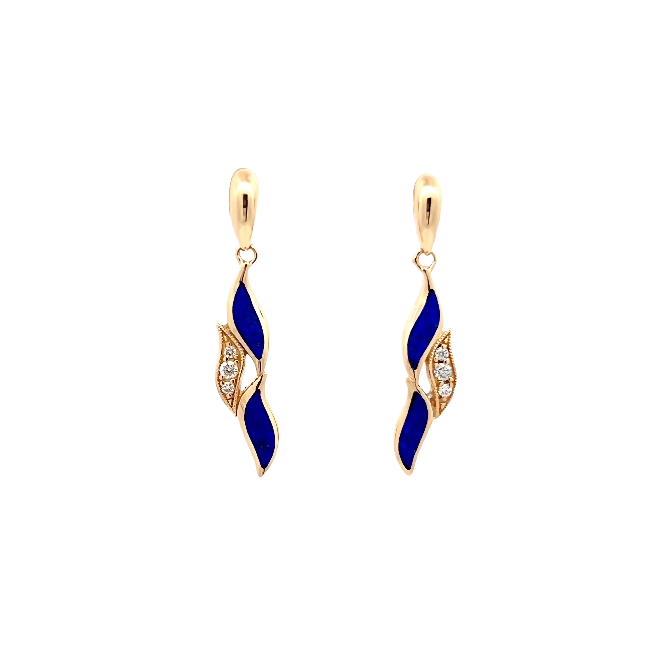 14 Karat yellow gold earrings with 6=0.07 total weight round brilliant G VS Diamonds and Lapis Lazuli inlay.