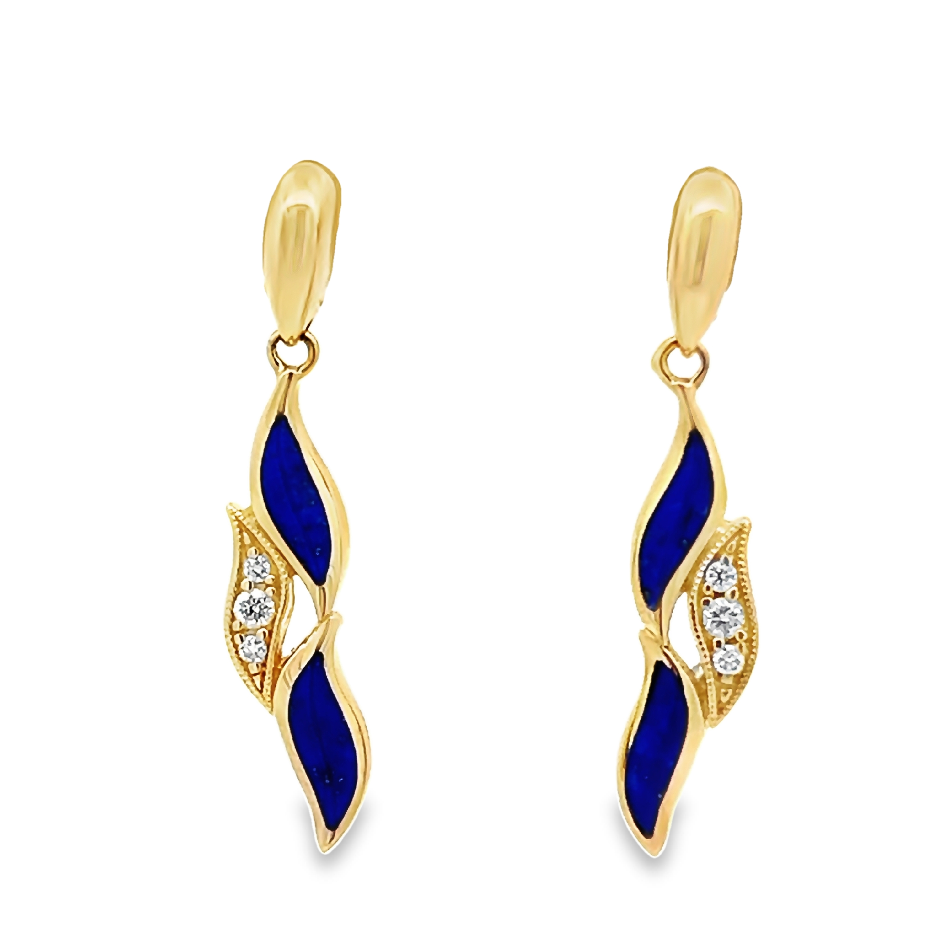 14 Karat yellow gold earrings with 6=0.07 total weight round brilliant G VS Diamonds and Lapis Lazuli inlay.