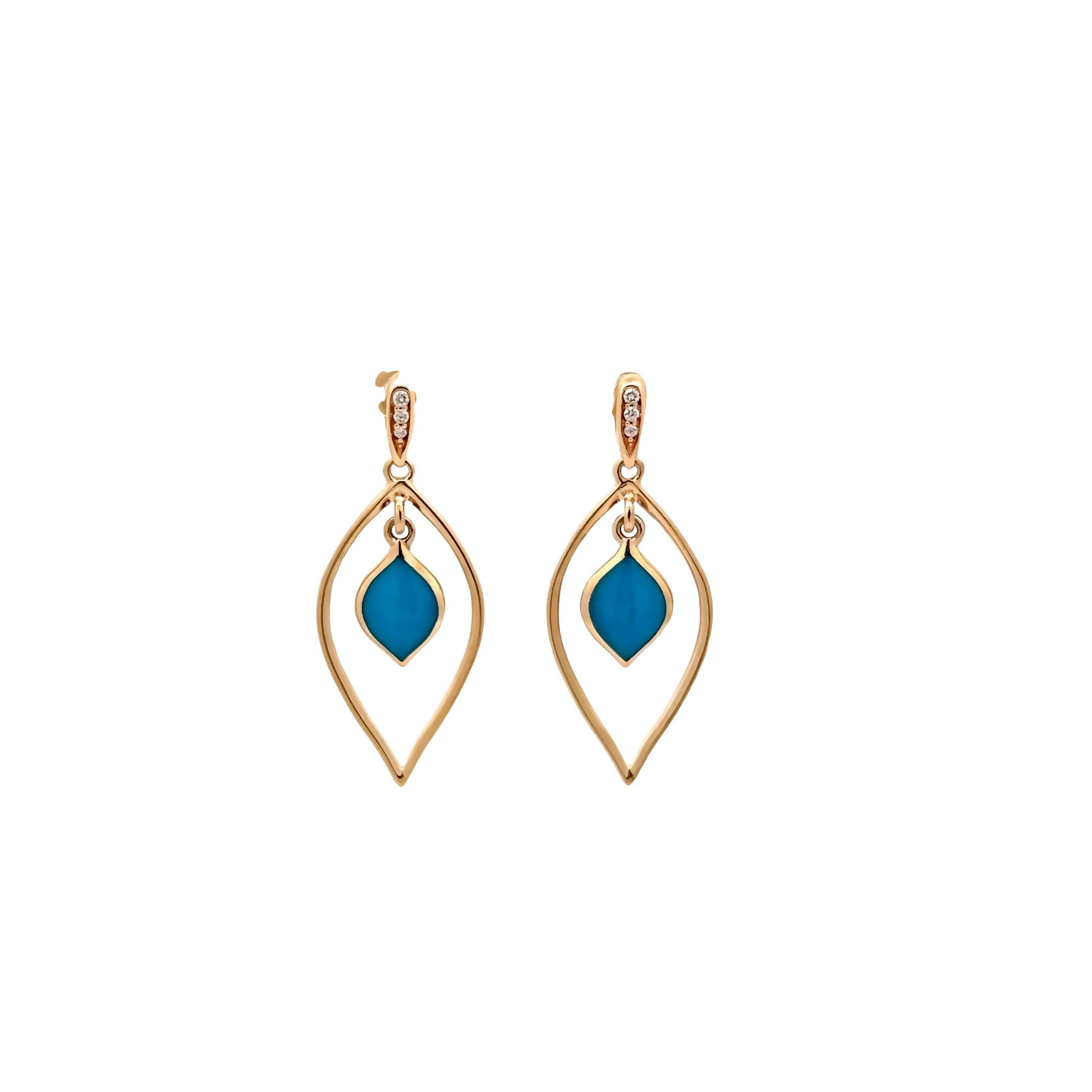 14 Karat yellow gold dangle earrings with 6=0.04 total weight round brilliant G VS Diamonds and Sleeping Beauty Turquoise inlay