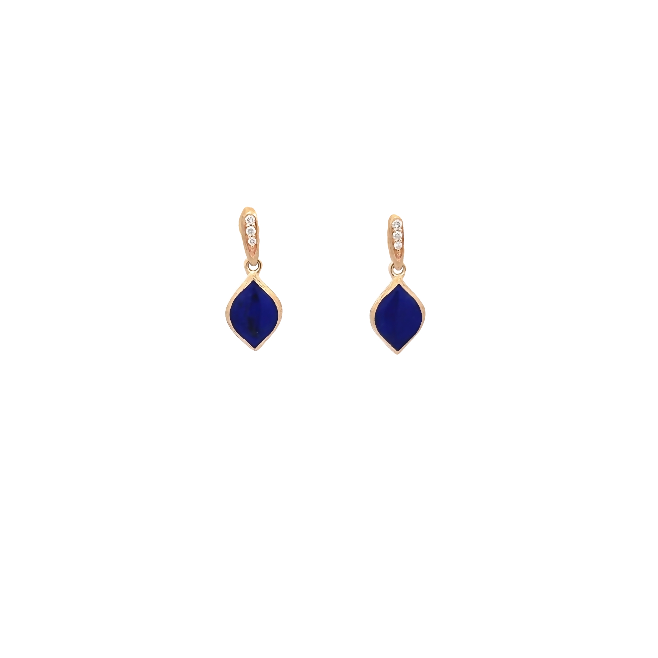14 Karat yellow gold earrings with 6=0.04 total weight round brilliant G VS Diamonds and Lapis Florentine  inlay