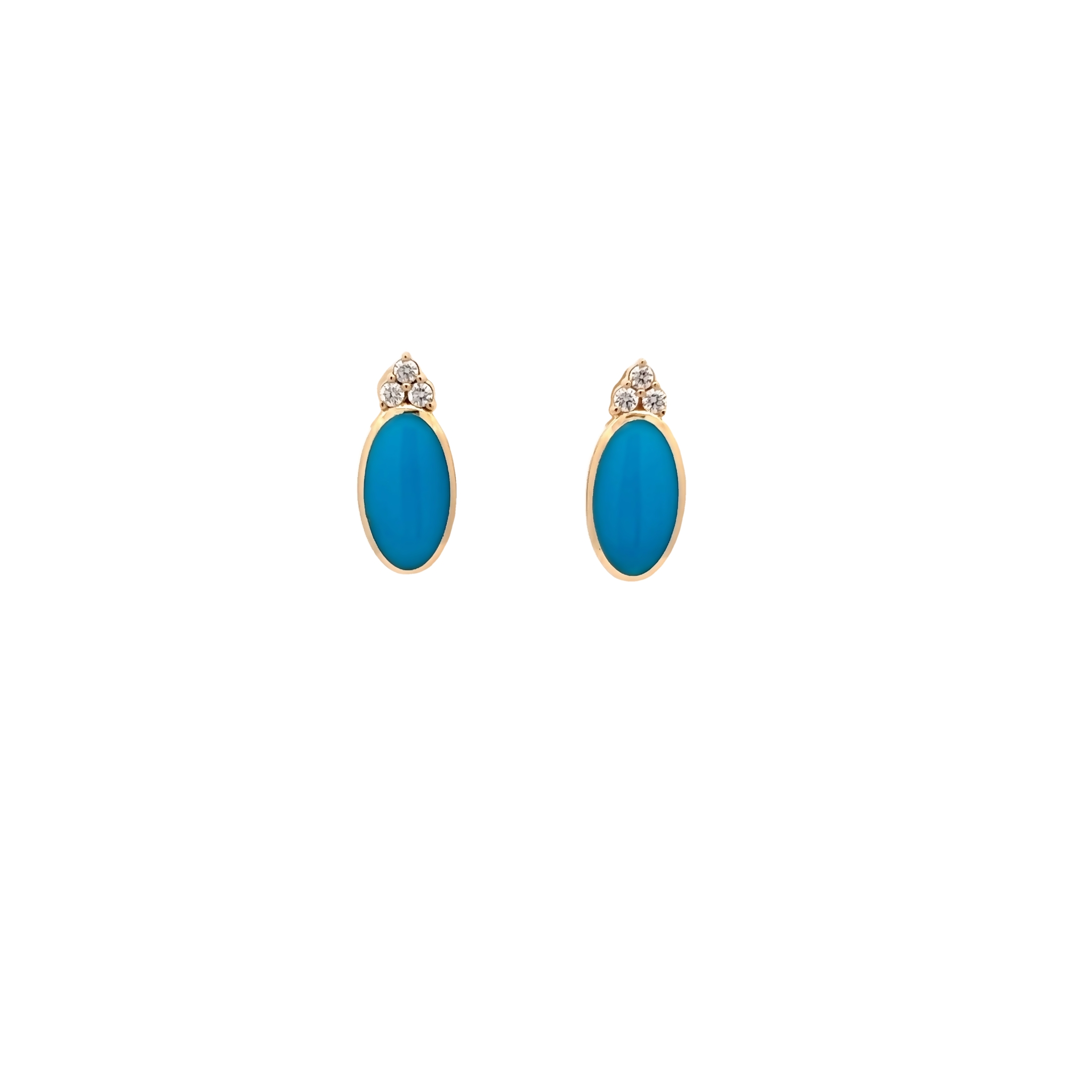 14 Karat yellow gold earrings with 6=0.12 total weight round brilliant G VS Diamonds and Sleeping Beauty Turquoise inlay