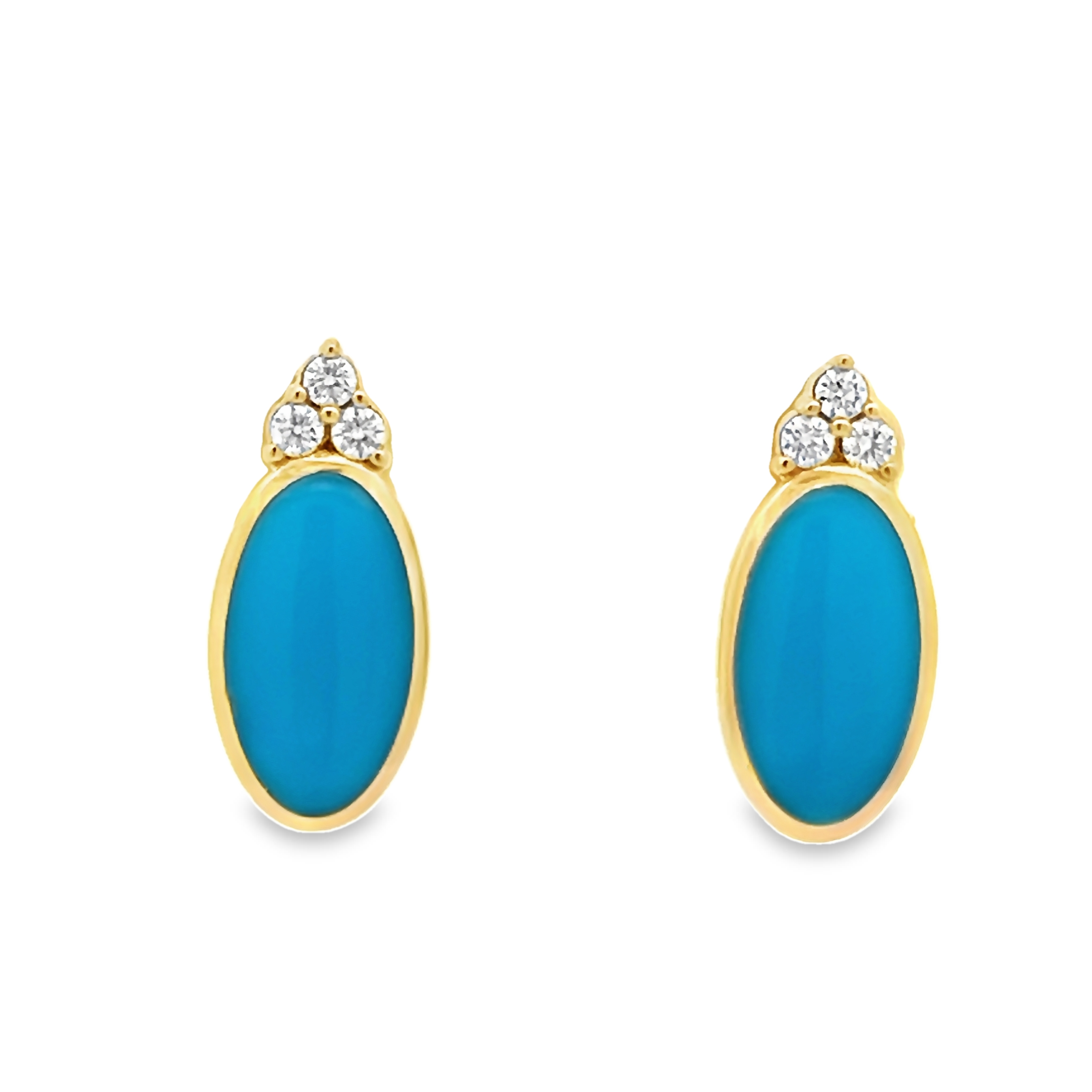 14 Karat yellow gold earrings with 6=0.12 total weight round brilliant G VS Diamonds and Sleeping Beauty Turquoise inlay