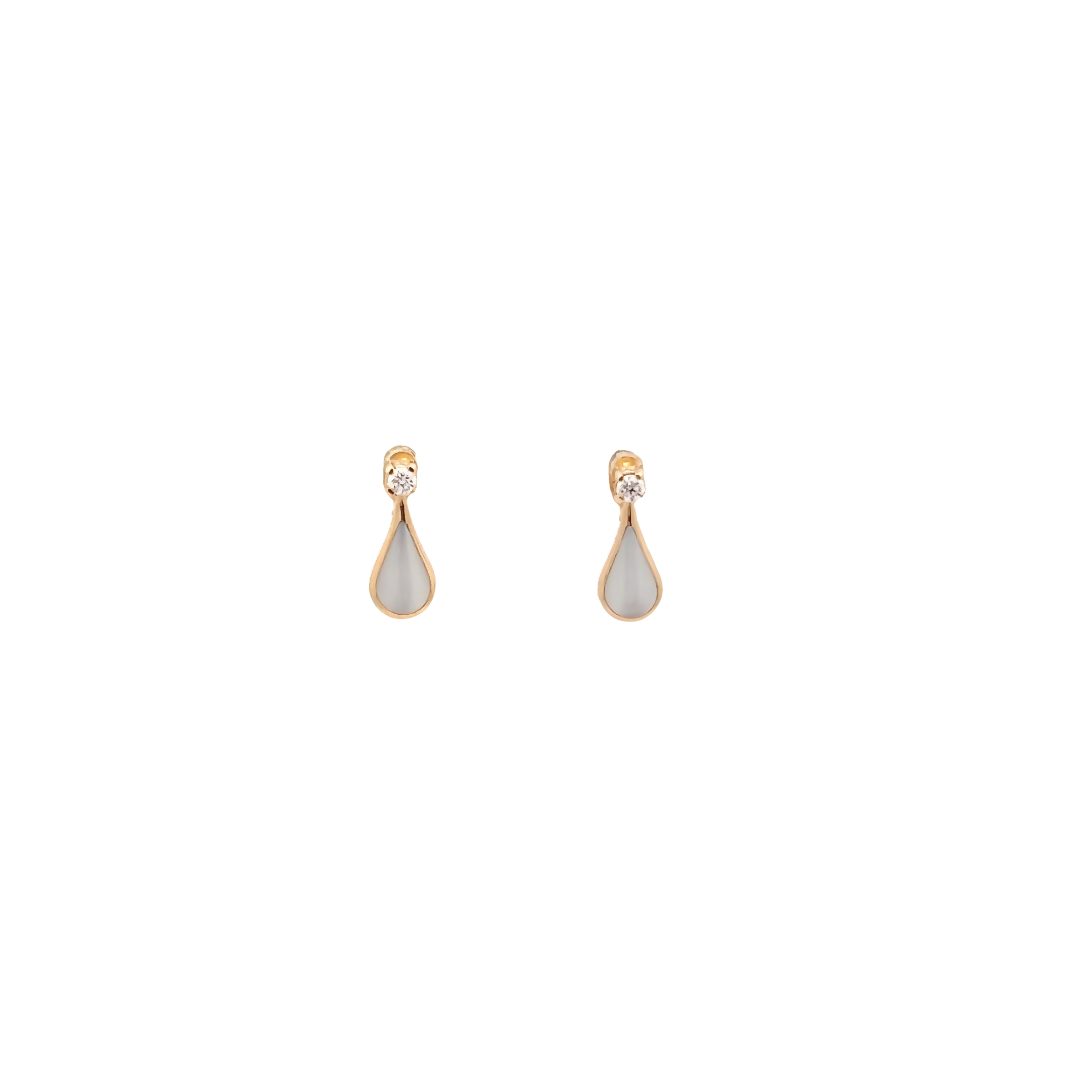 14 Karat yellow gold earrings with 2=0.07 total weight round brilliant G VS Diamonds and white Mother of Pearl inlay.