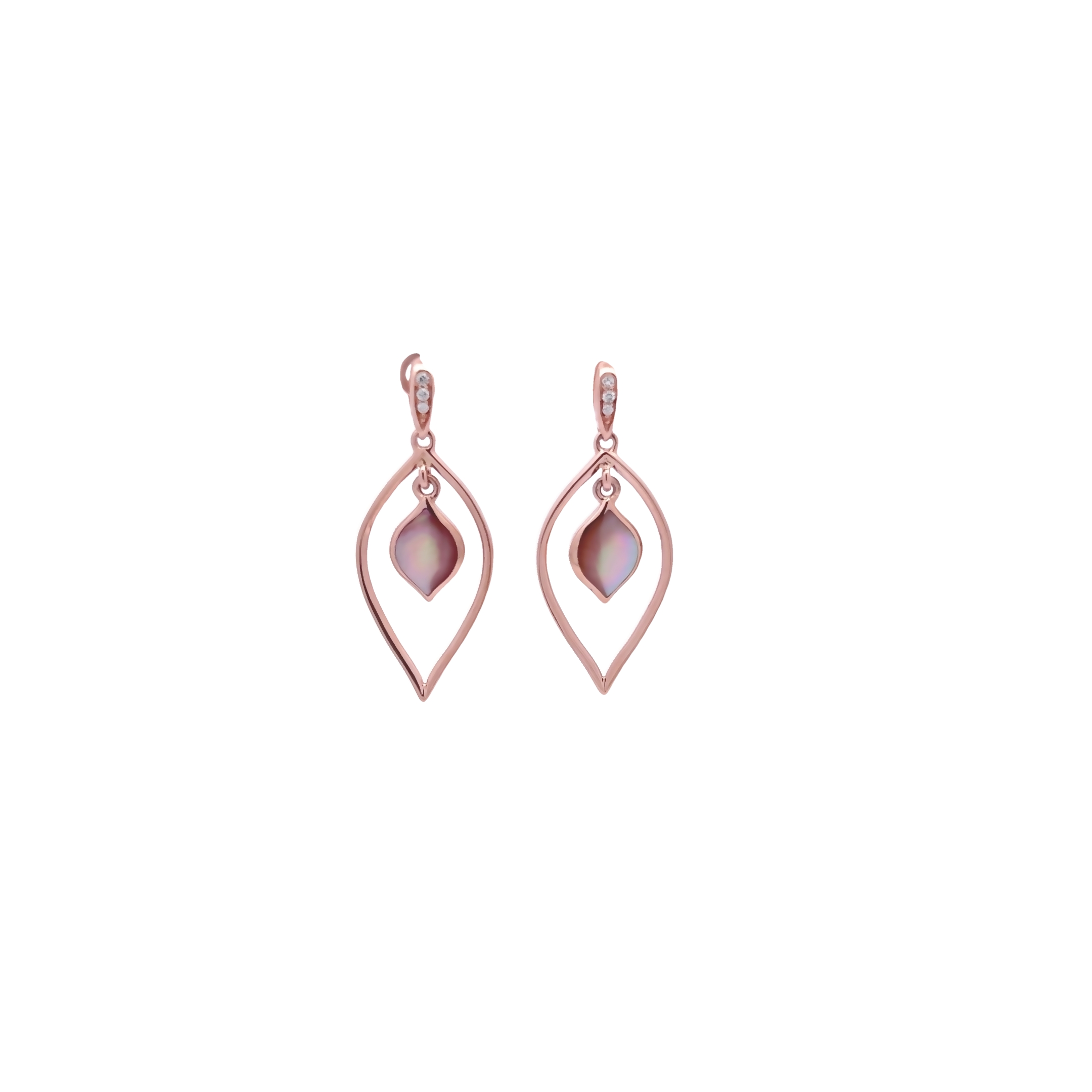 14 Karat rose gold dangle earrings with 6=0.04 total weight round brilliant G VS Diamonds and pink Mother of Pearl inlay.